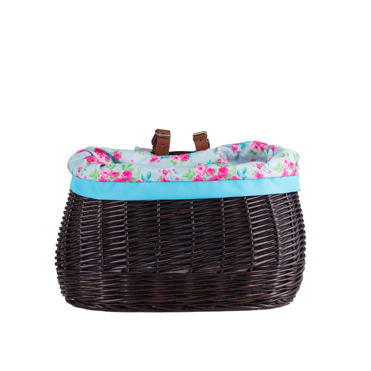 Marone wiklinowy koszyczek rowerowy z niebieskim obszyciem i paskami TheWickerStories