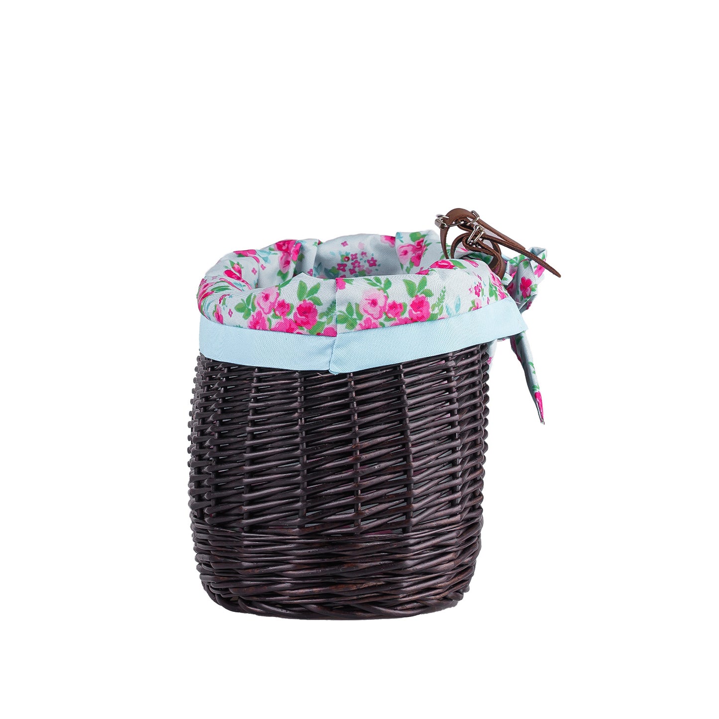 Marone wiklinowy koszyczek rowerowy z niebieskim obszyciem i paskami TheWickerStories