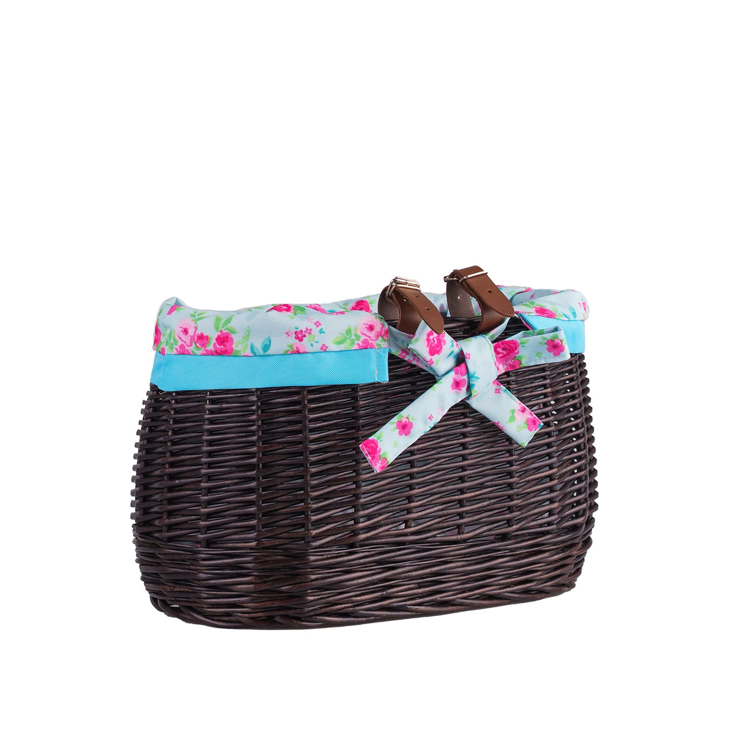 Marone wiklinowy koszyczek rowerowy z niebieskim obszyciem i paskami TheWickerStories