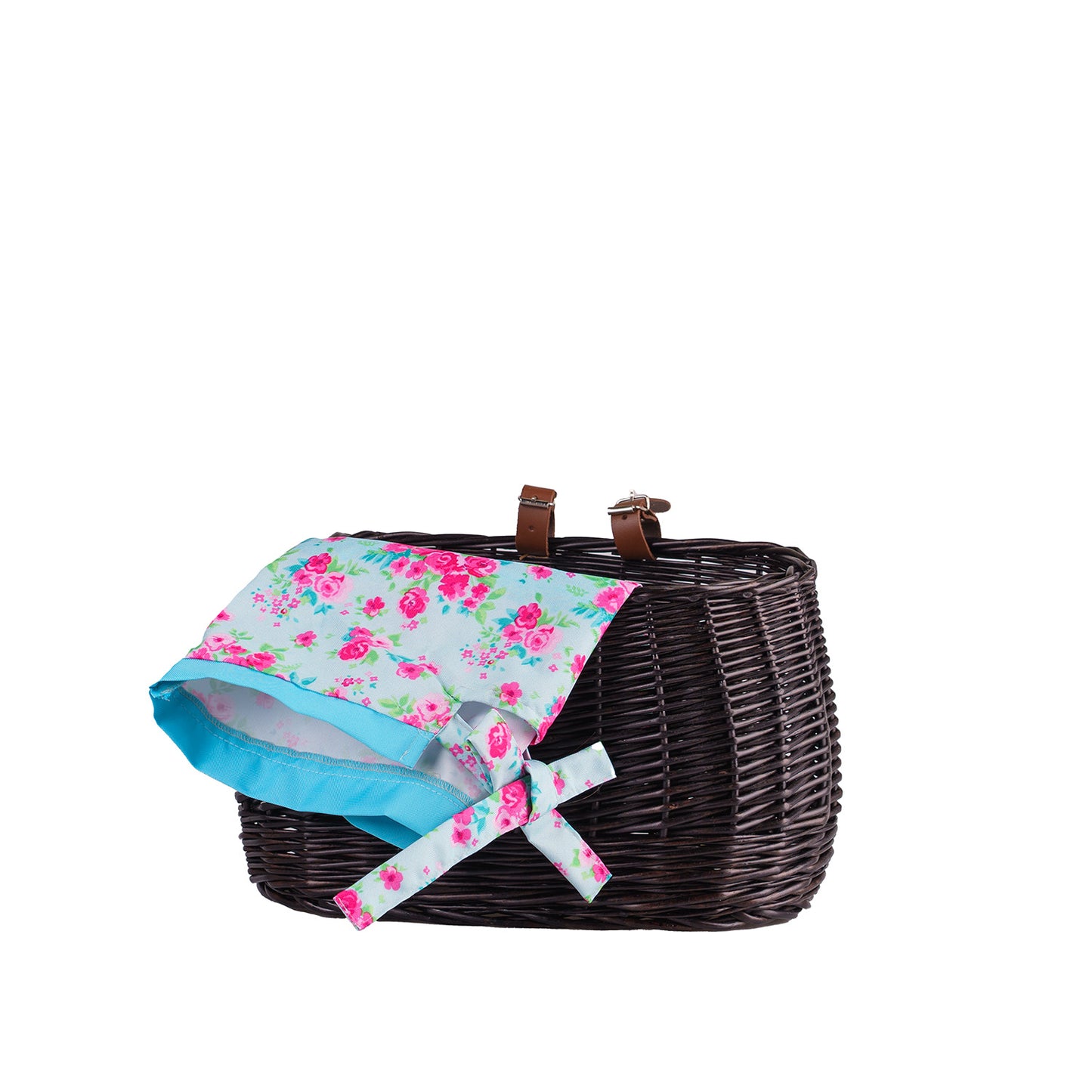 Marone wiklinowy koszyczek rowerowy z niebieskim obszyciem i paskami TheWickerStories