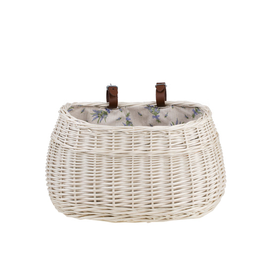 Marone wiklinowy koszyczek rowerowy z beżowym obszyciem i paskami TheWickerStories