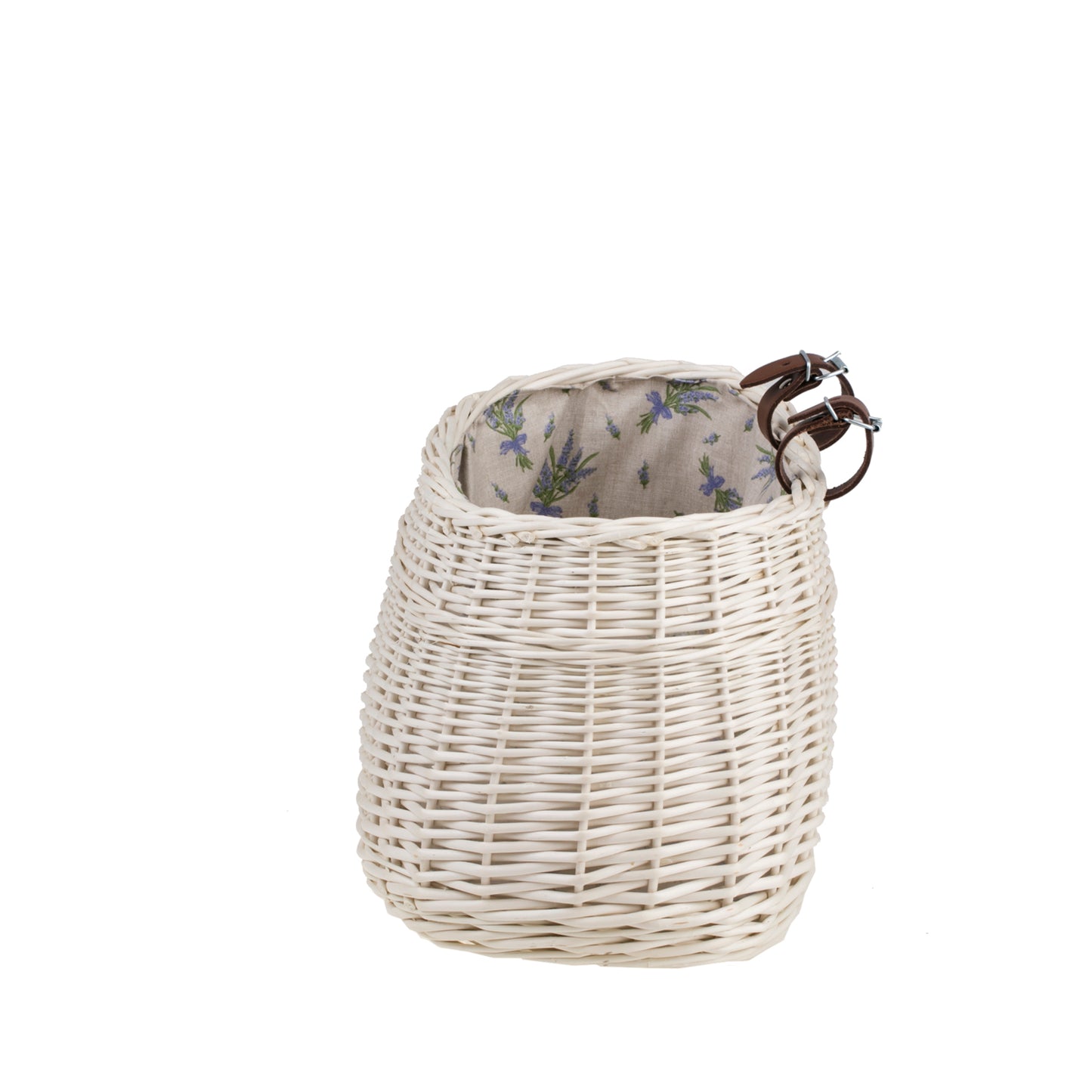 Marone wiklinowy koszyczek rowerowy z beżowym obszyciem i paskami TheWickerStories