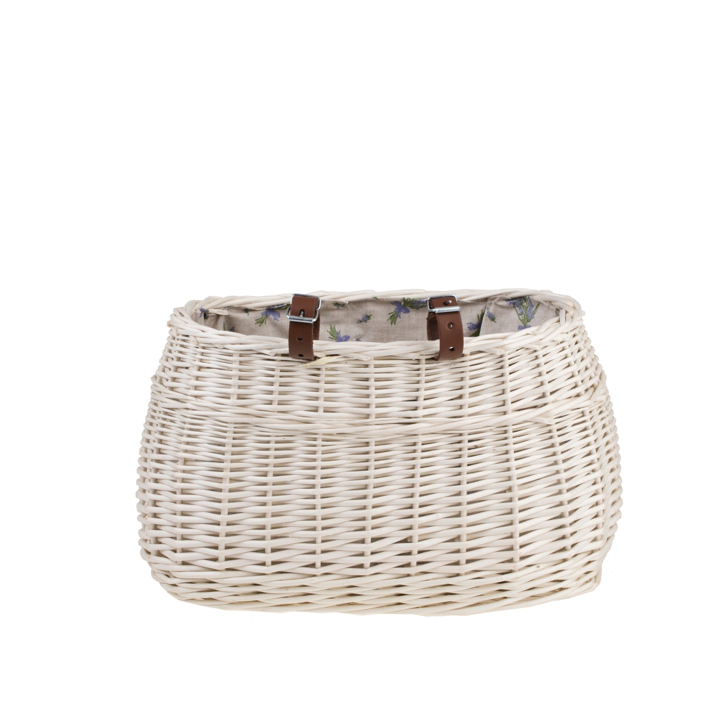 Marone wiklinowy koszyczek rowerowy z beżowym obszyciem i paskami TheWickerStories