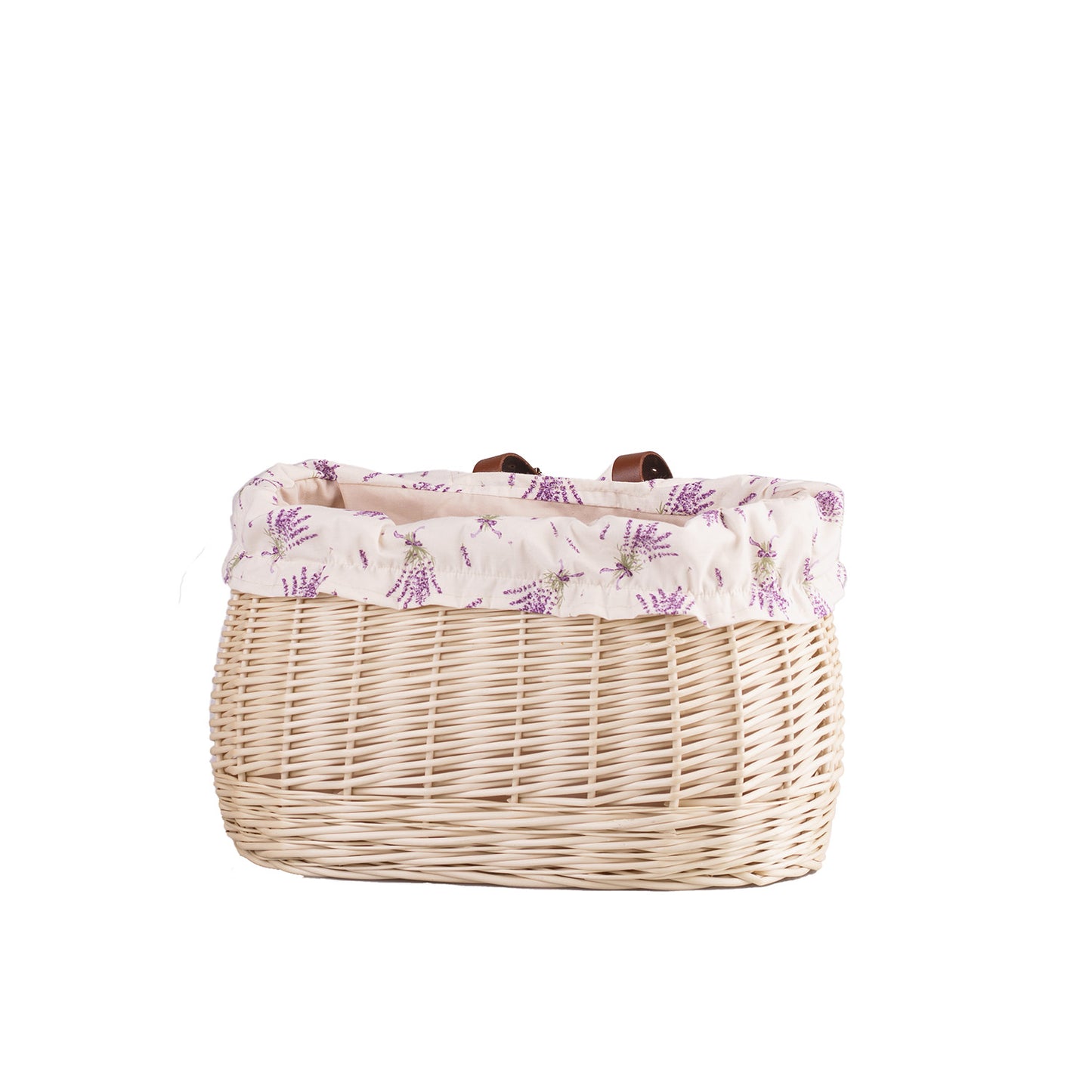 Marone wiklinowy koszyczek rowerowy z beżowym obszyciem i paskami TheWickerStories