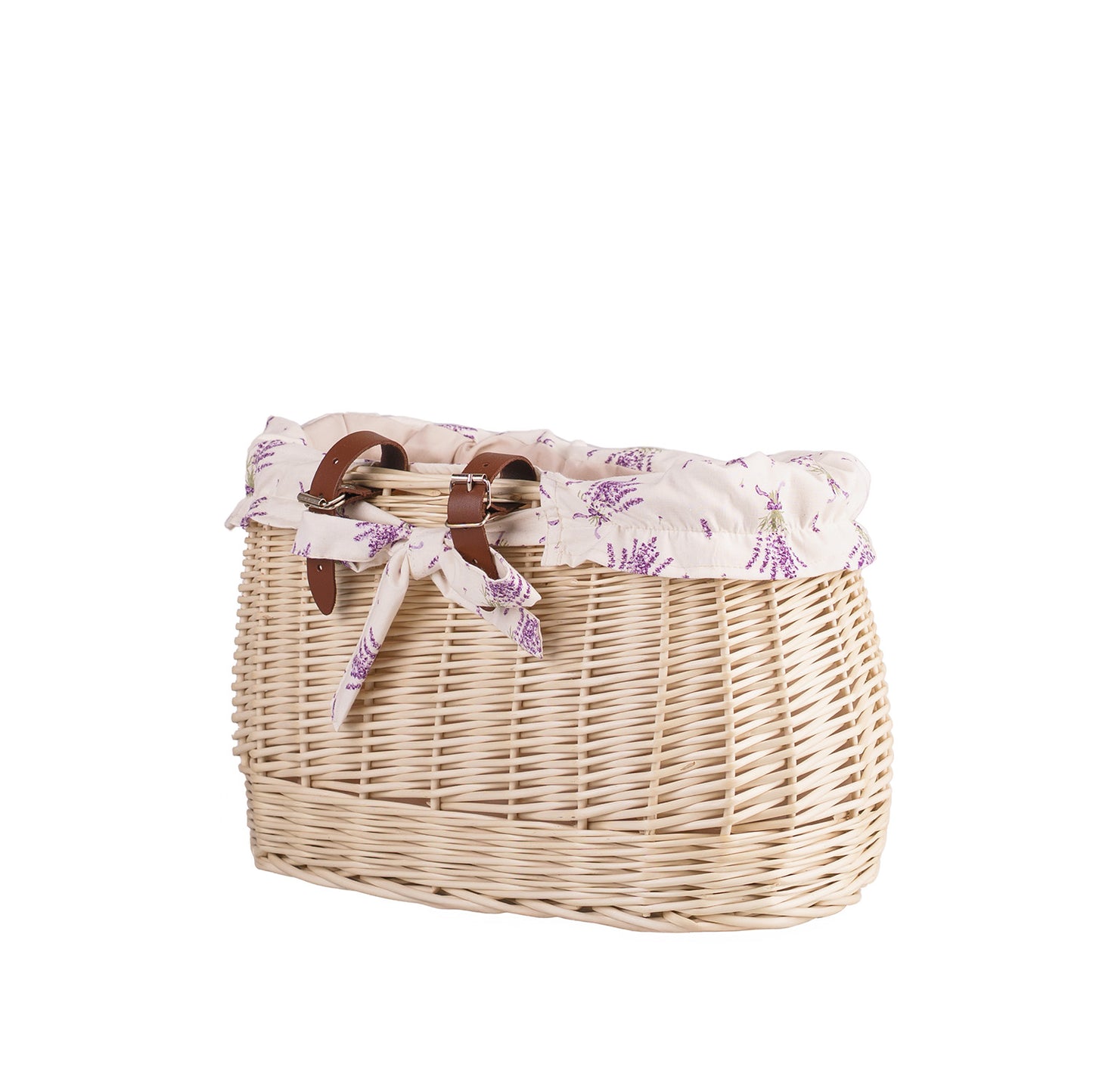 Marone wiklinowy koszyczek rowerowy z beżowym obszyciem i paskami TheWickerStories