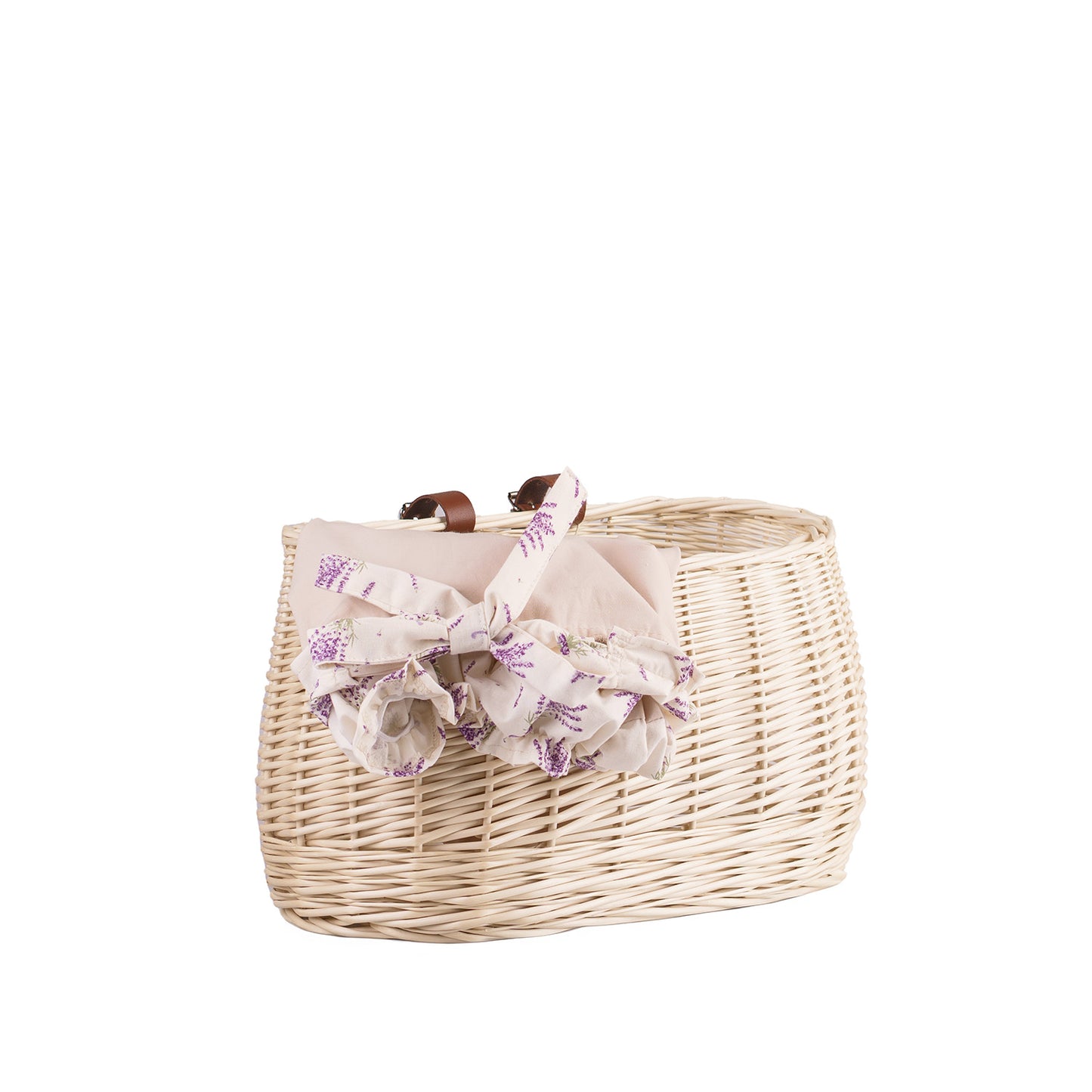 Marone wiklinowy koszyczek rowerowy z beżowym obszyciem i paskami TheWickerStories