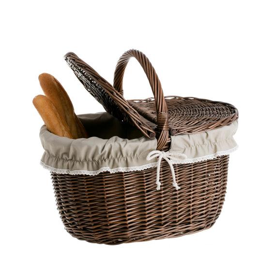 Kastalia wiklinowy koszyk piknikowy z beżowym obszyciem i wiekiem TheWickerStories