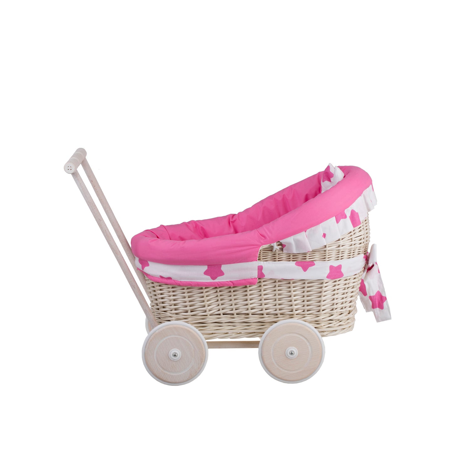 Luna wiklinowy wózek dla lalek z różowym obszyciem, kołderką i poduszką TheWickerStories