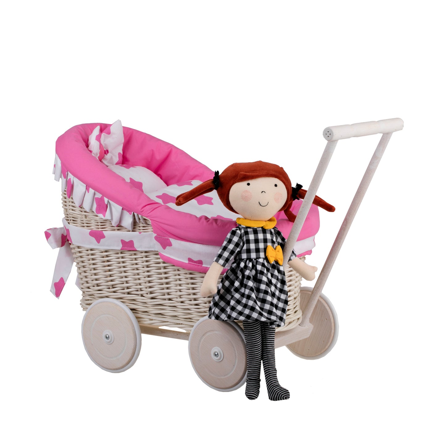Luna wiklinowy wózek dla lalek z różowym obszyciem, kołderką i poduszką TheWickerStories