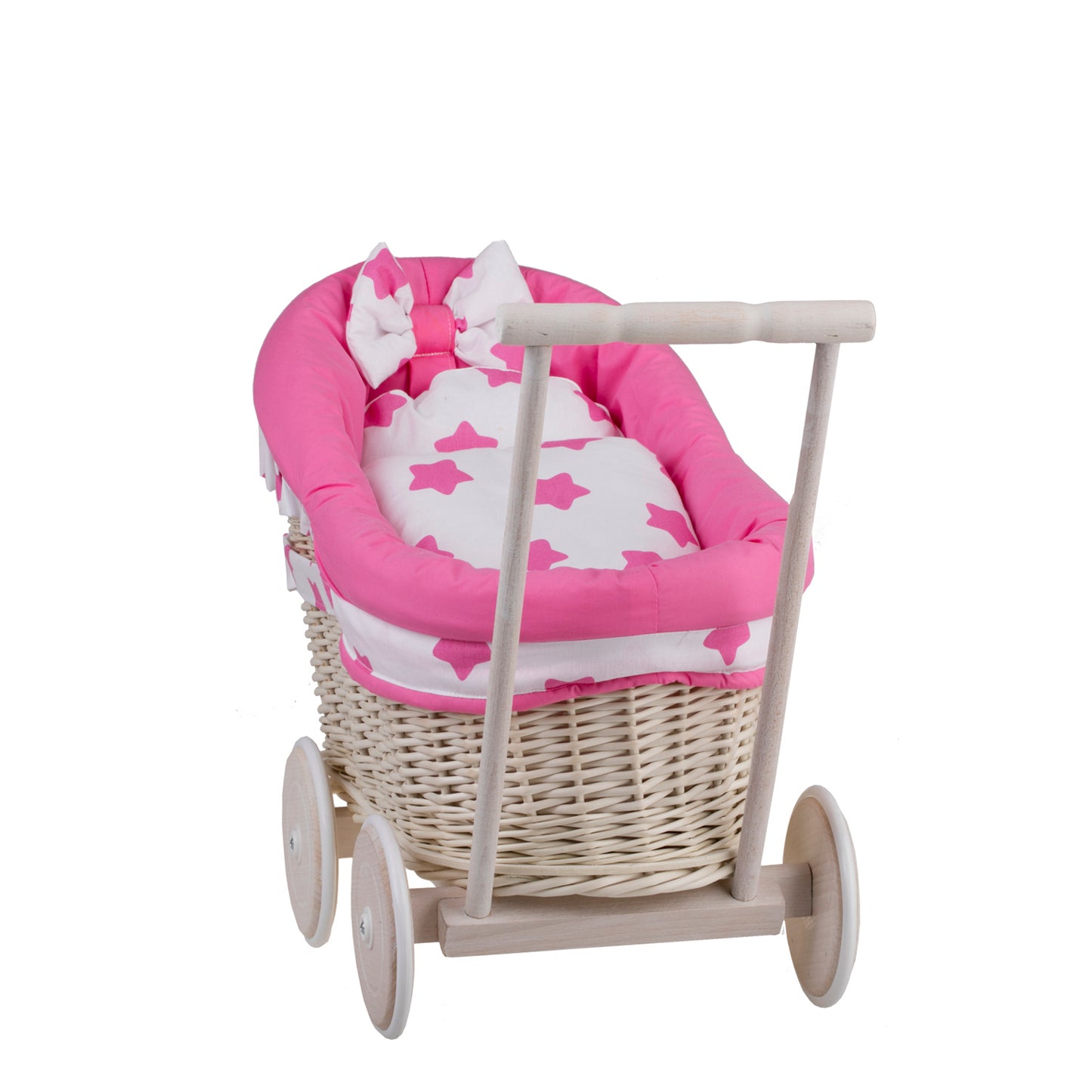 Luna wiklinowy wózek dla lalek z różowym obszyciem, kołderką i poduszką TheWickerStories