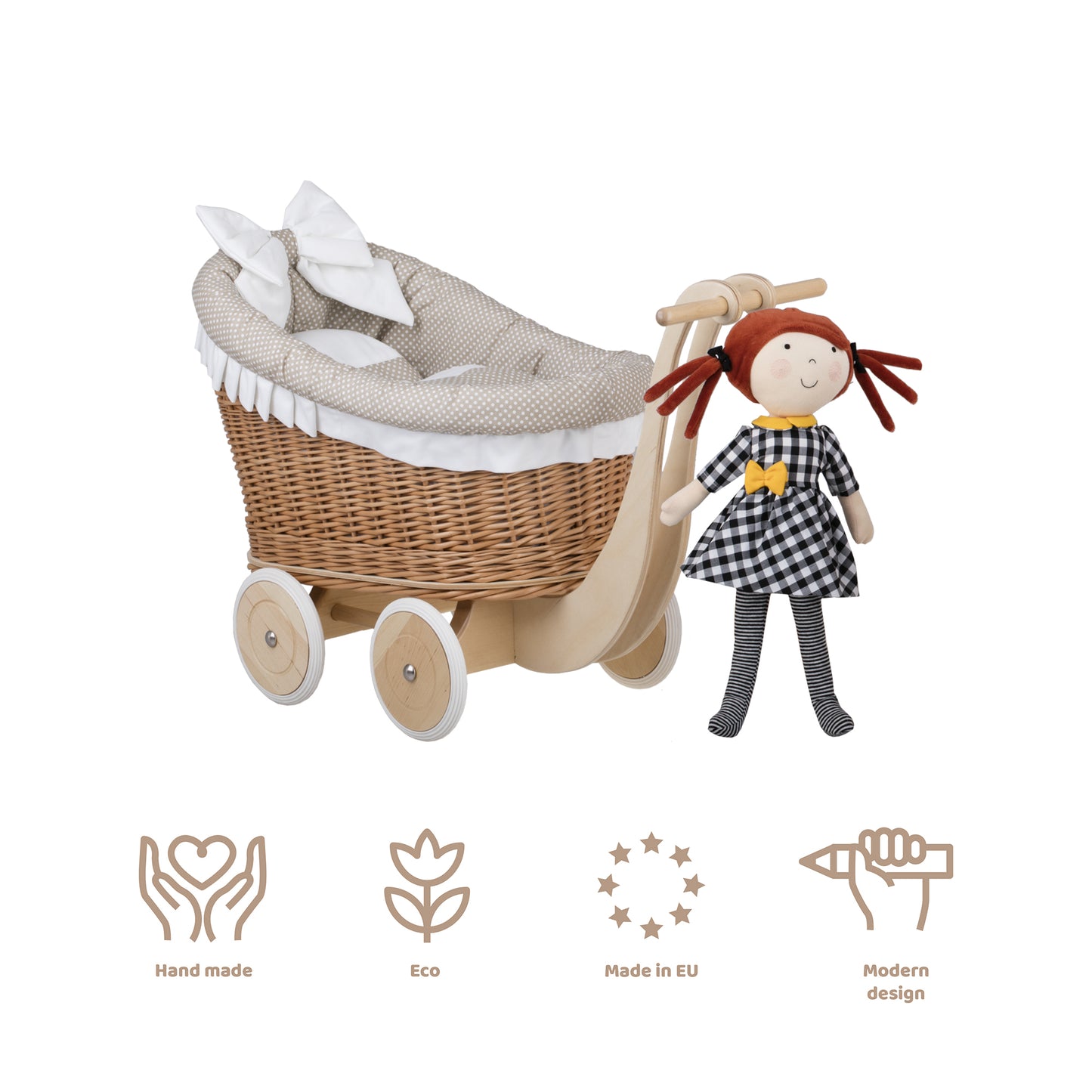 Luna wiklinowy wózek dla lalek z beżowym obszyciem, kołderką i poduszką TheWickerStories
