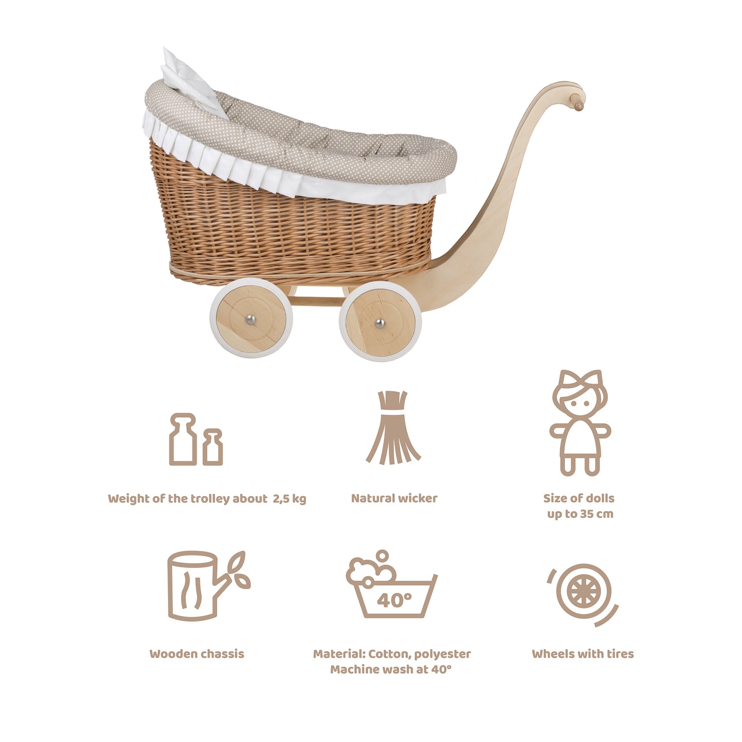 Luna wiklinowy wózek dla lalek z beżowym obszyciem, kołderką i poduszką TheWickerStories