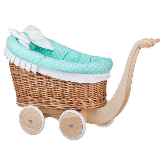 Luna wiklinowy wózek dla lalek z miętowym obszyciem, kołderką i poduszką TheWickerStories