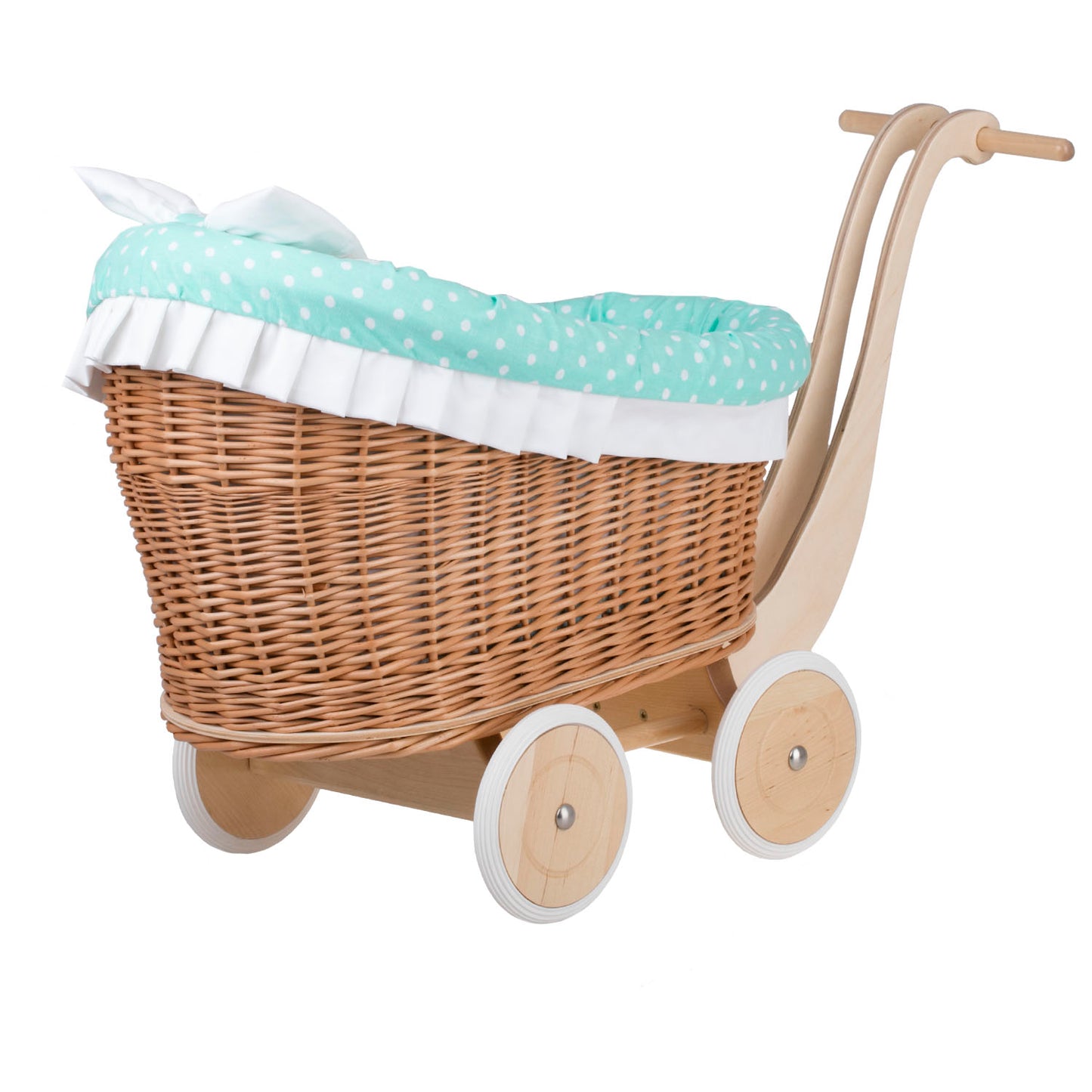 Luna wiklinowy wózek dla lalek z miętowym obszyciem, kołderką i poduszką TheWickerStories