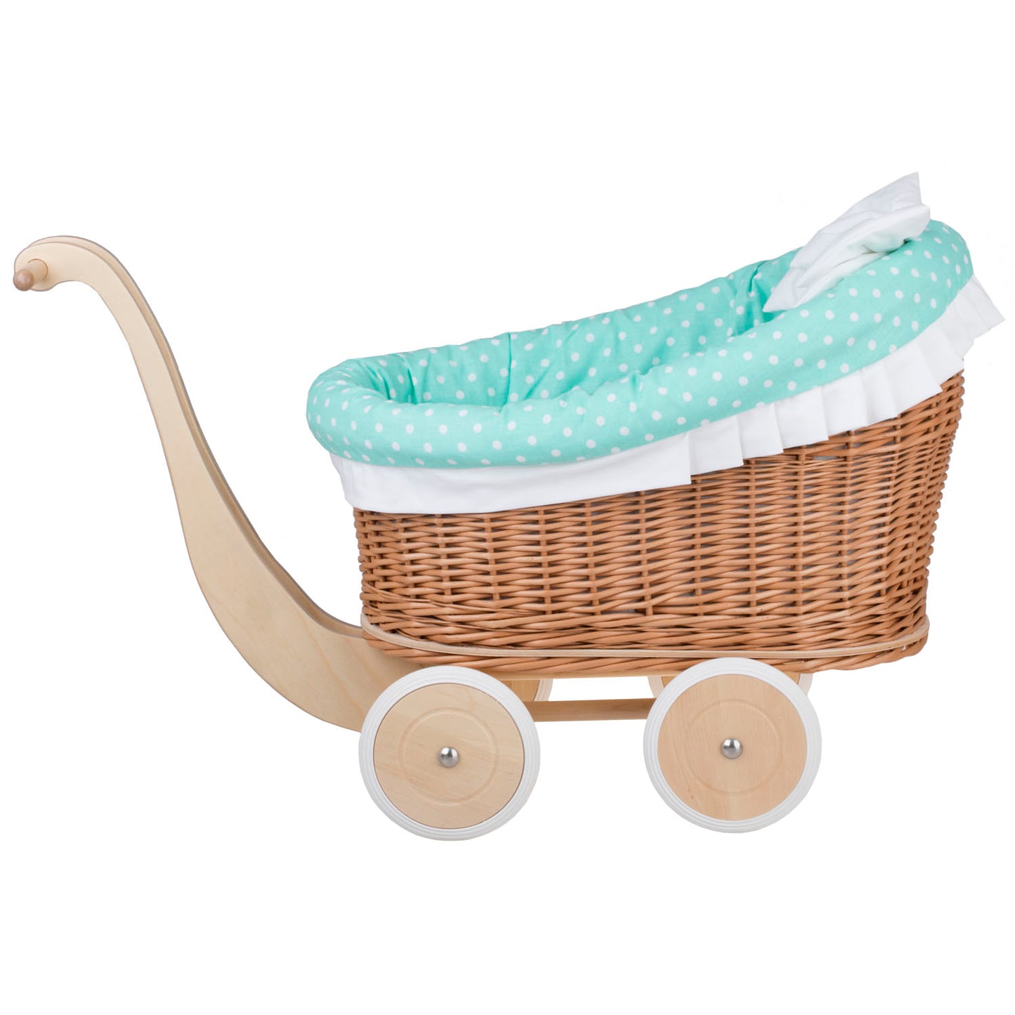 Luna wiklinowy wózek dla lalek z miętowym obszyciem, kołderką i poduszką TheWickerStories