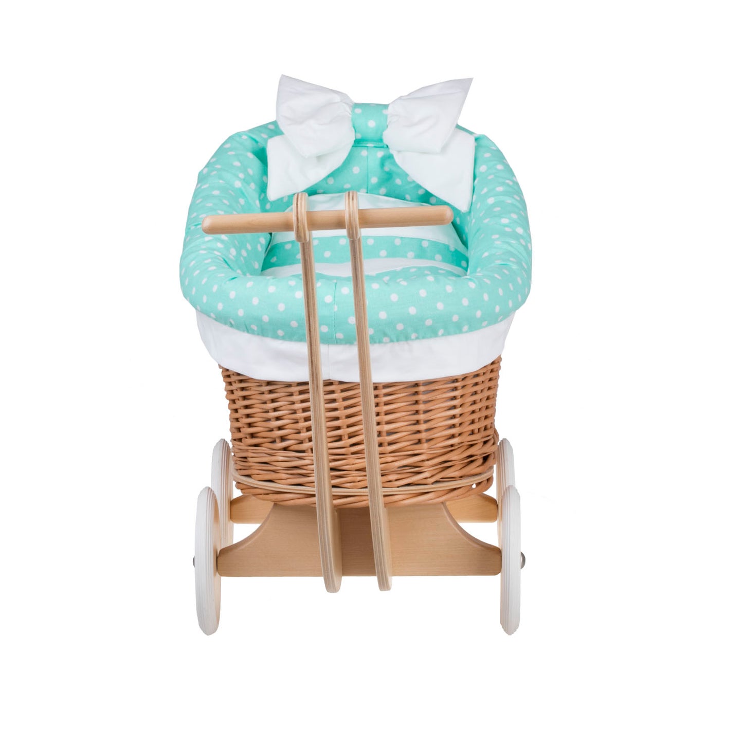 Luna wiklinowy wózek dla lalek z miętowym obszyciem, kołderką i poduszką TheWickerStories
