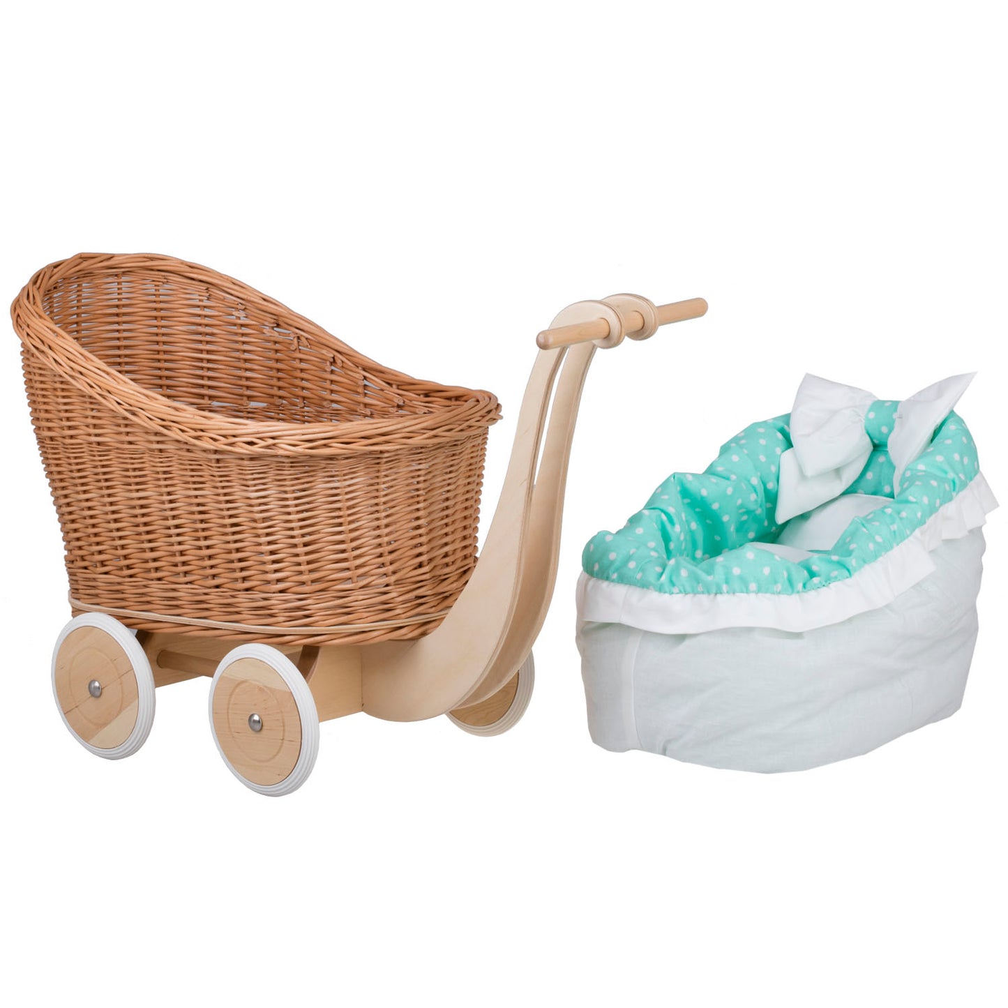 Luna wiklinowy wózek dla lalek z miętowym obszyciem, kołderką i poduszką TheWickerStories