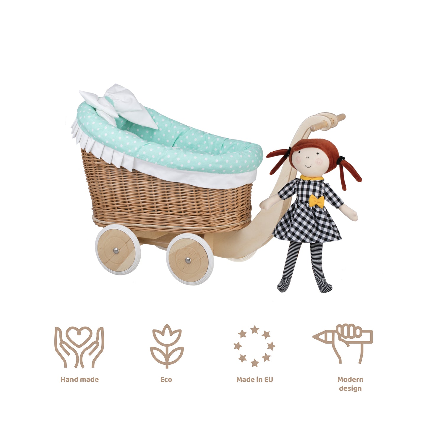 Luna wiklinowy wózek dla lalek z miętowym obszyciem, kołderką i poduszką TheWickerStories