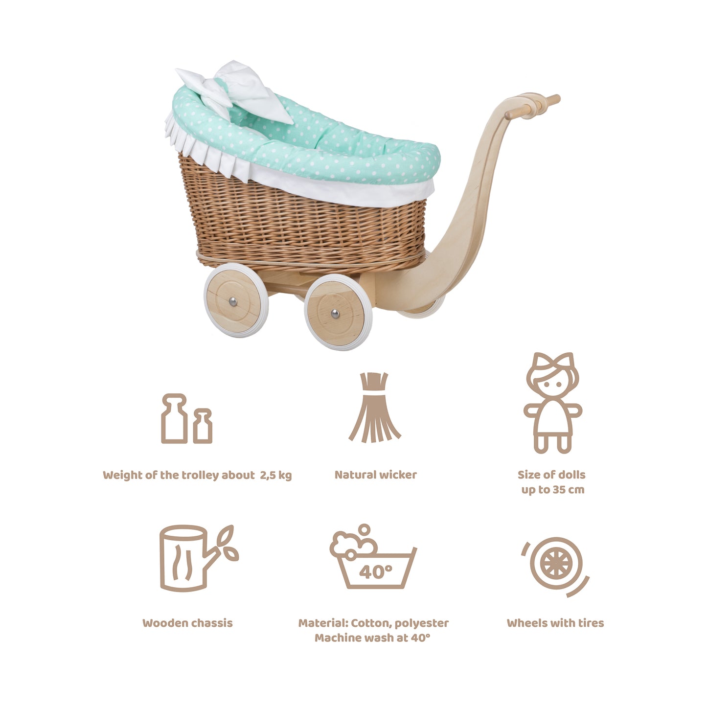 Luna wiklinowy wózek dla lalek z miętowym obszyciem, kołderką i poduszką TheWickerStories