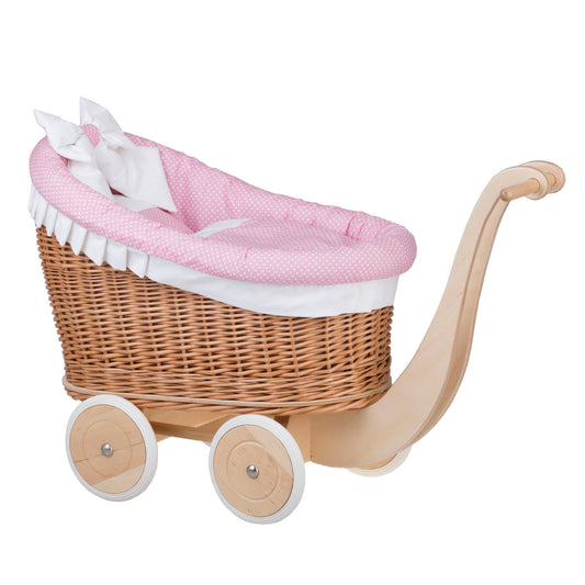 Luna wiklinowy wózek dla lalek z różowym obszyciem, kołderką i poduszką TheWickerStories