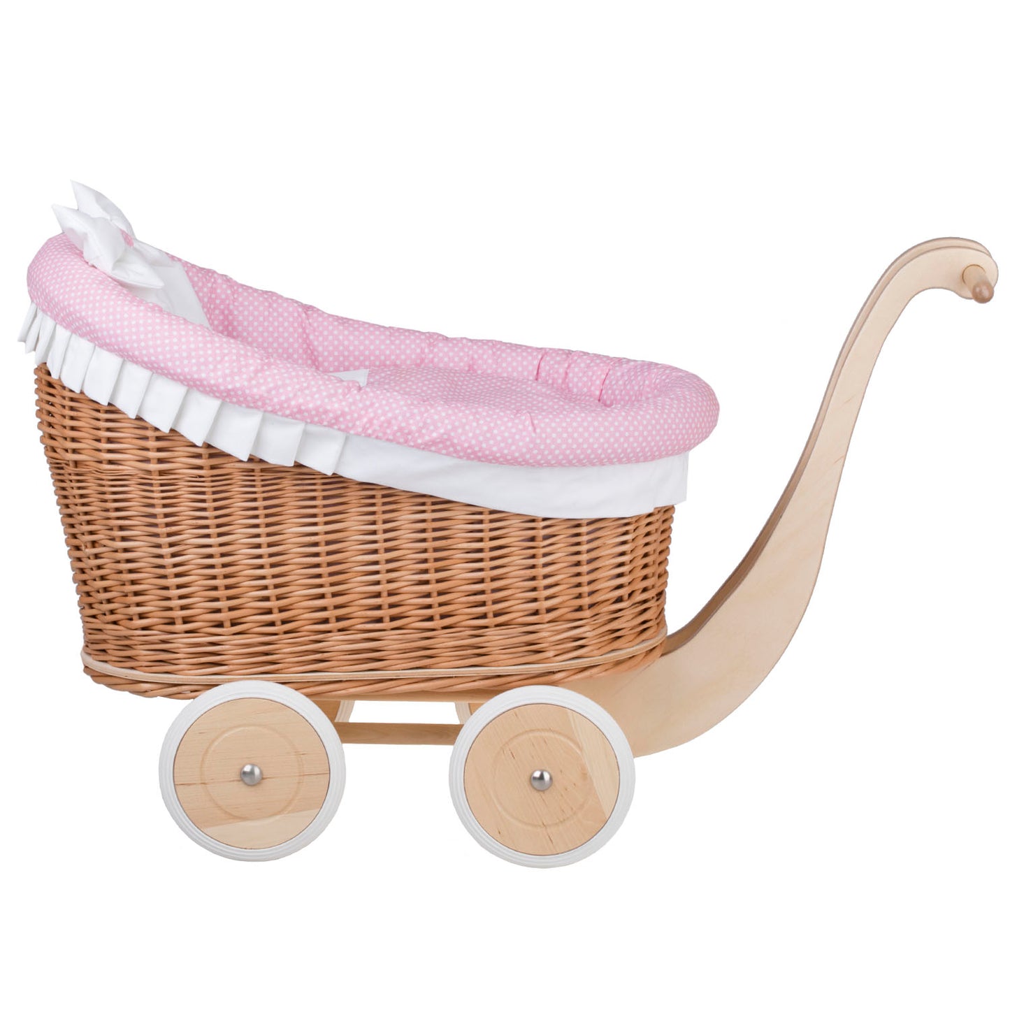 Luna wiklinowy wózek dla lalek z różowym obszyciem, kołderką i poduszką TheWickerStories