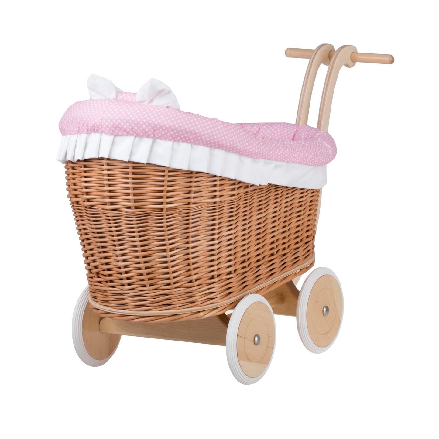 Luna wiklinowy wózek dla lalek z różowym obszyciem, kołderką i poduszką TheWickerStories