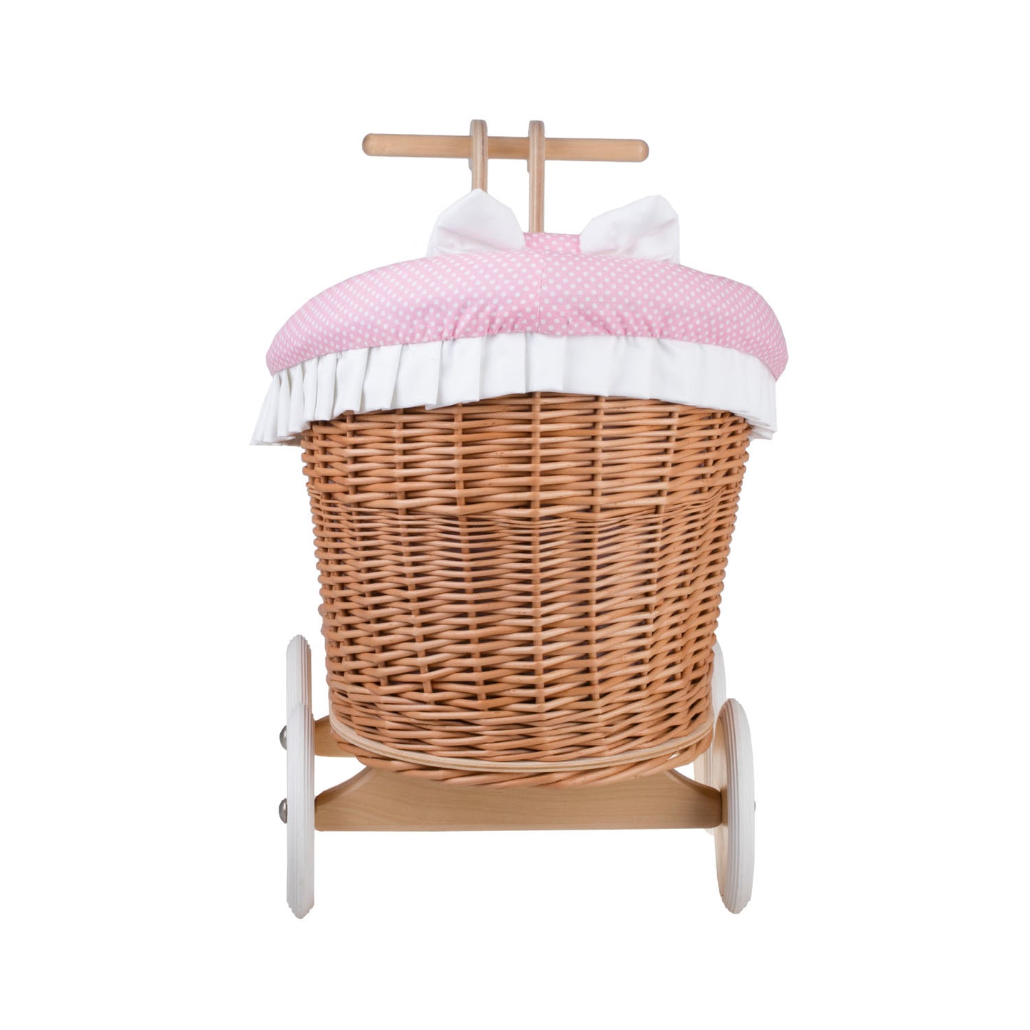 Luna wiklinowy wózek dla lalek z różowym obszyciem, kołderką i poduszką TheWickerStories