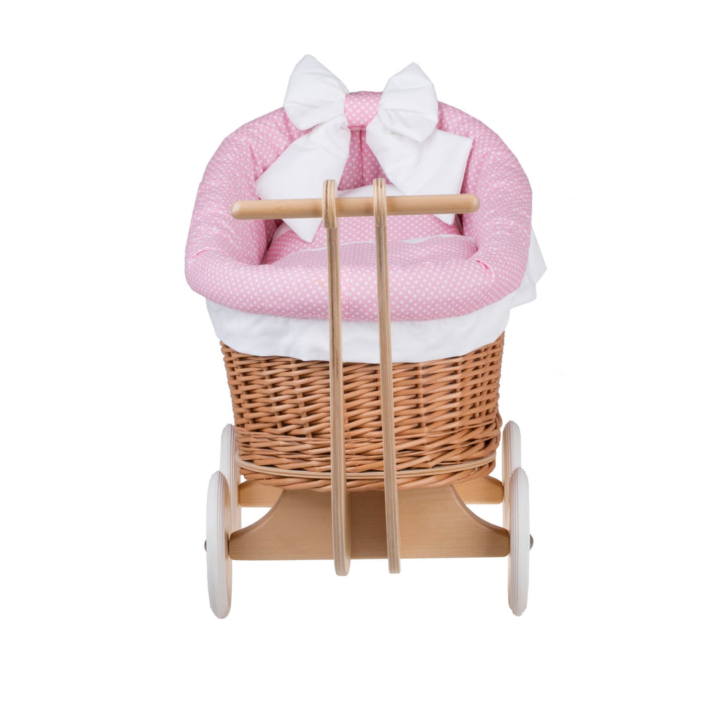 Luna wiklinowy wózek dla lalek z różowym obszyciem, kołderką i poduszką TheWickerStories