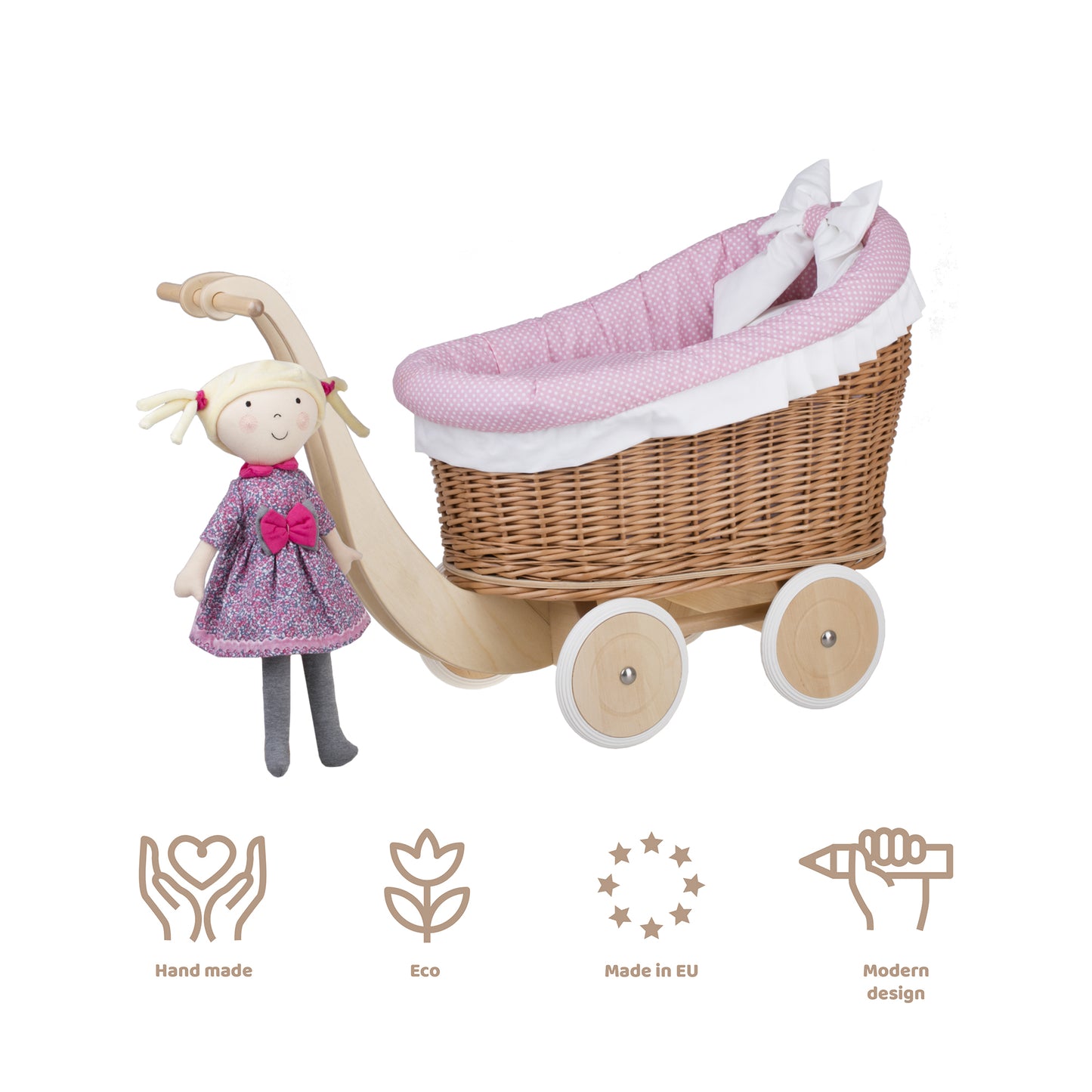 Luna wiklinowy wózek dla lalek z różowym obszyciem, kołderką i poduszką TheWickerStories