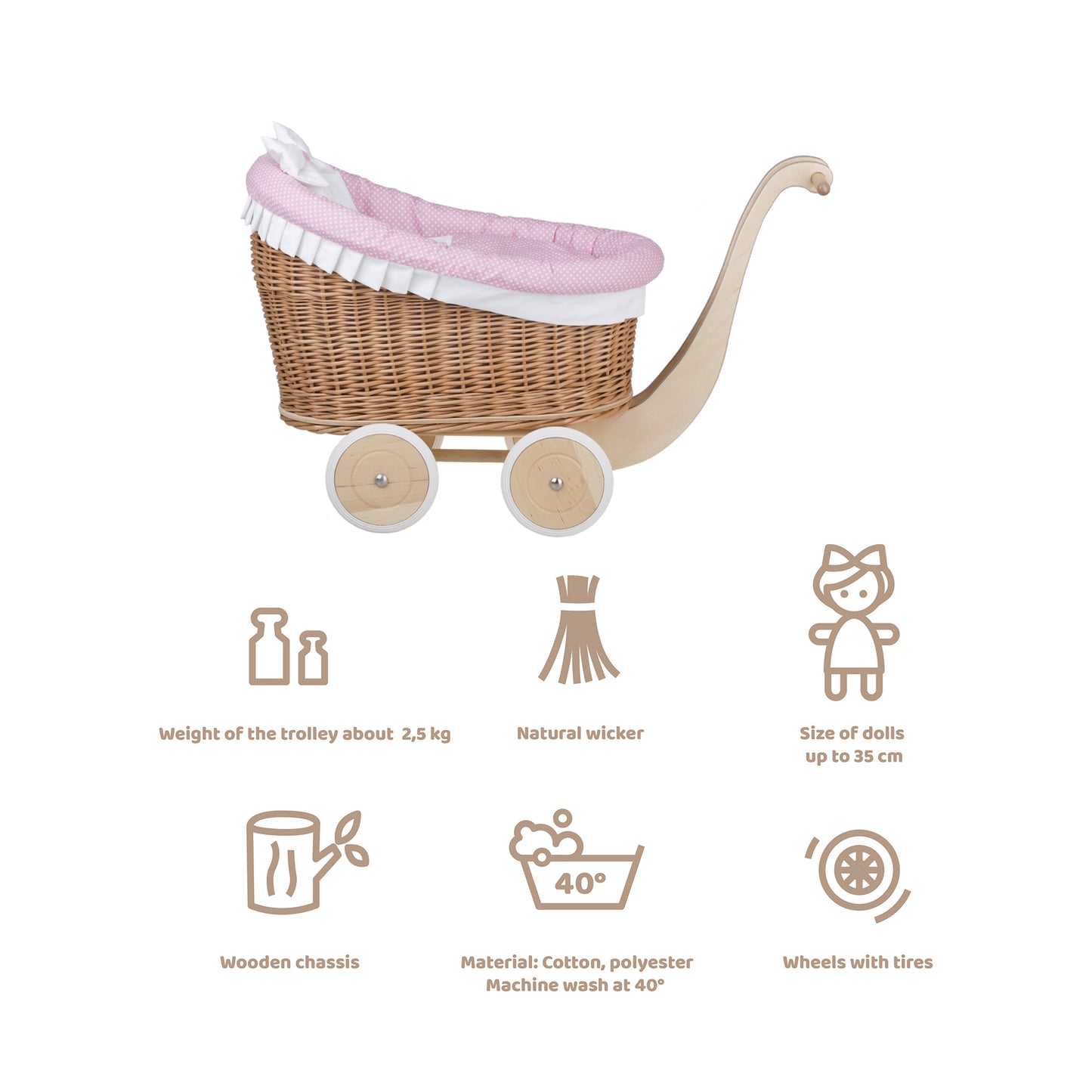 Luna wiklinowy wózek dla lalek z różowym obszyciem, kołderką i poduszką TheWickerStories