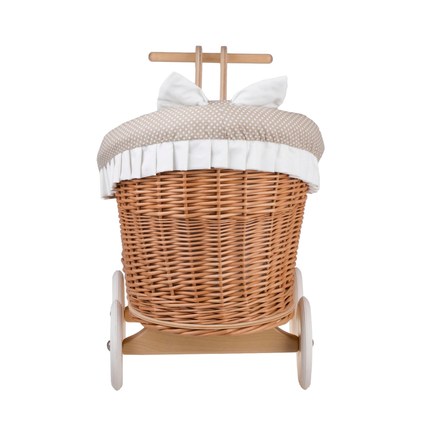 Luna wiklinowy wózek dla lalek z beżowym obszyciem, kołderką i poduszką TheWickerStories