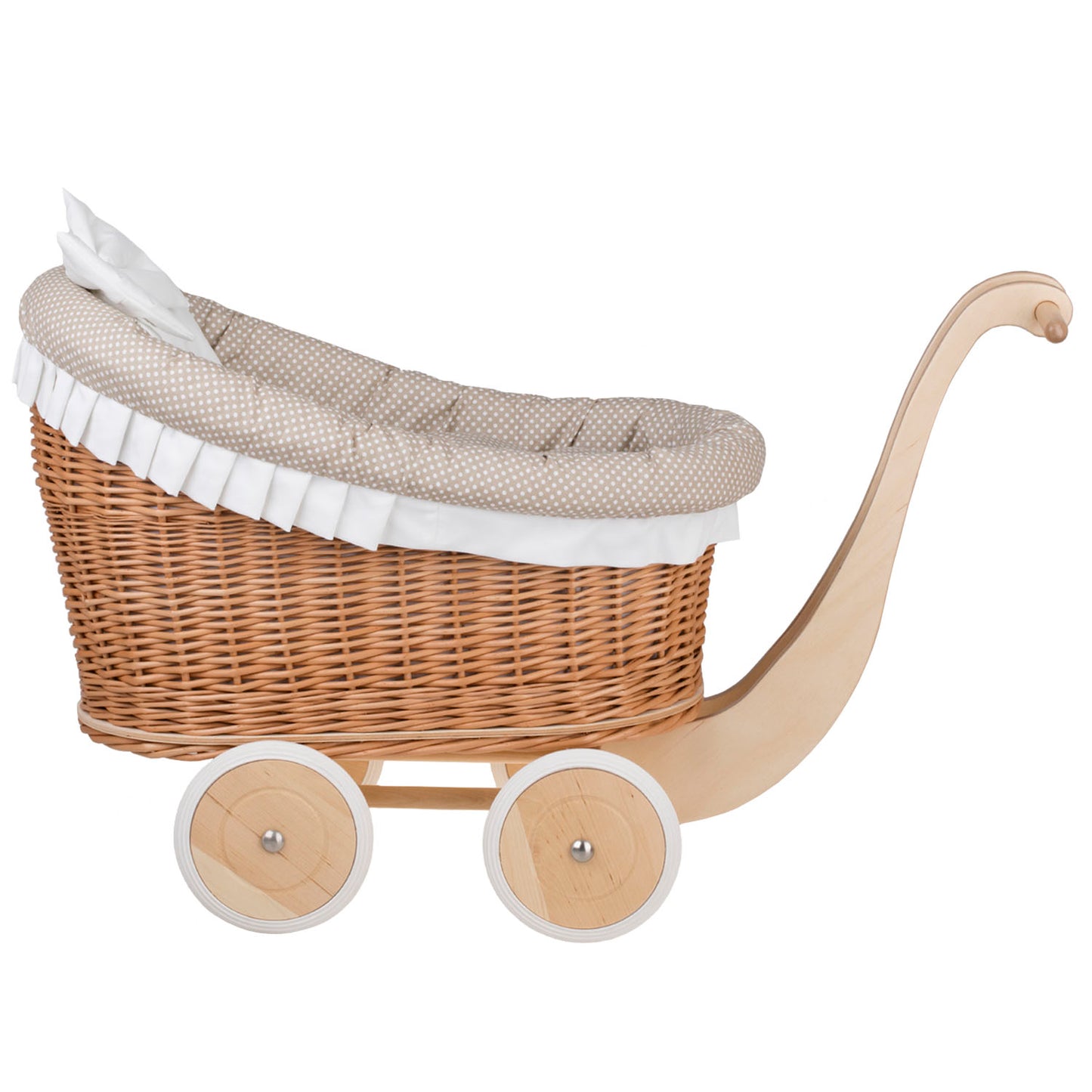 Luna wiklinowy wózek dla lalek z beżowym obszyciem, kołderką i poduszką TheWickerStories