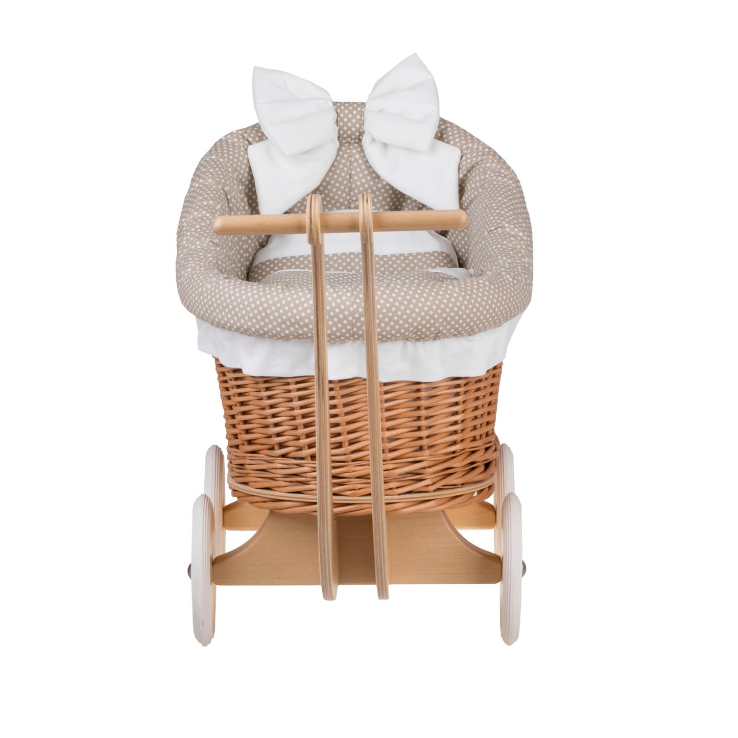 Luna wiklinowy wózek dla lalek z beżowym obszyciem, kołderką i poduszką TheWickerStories