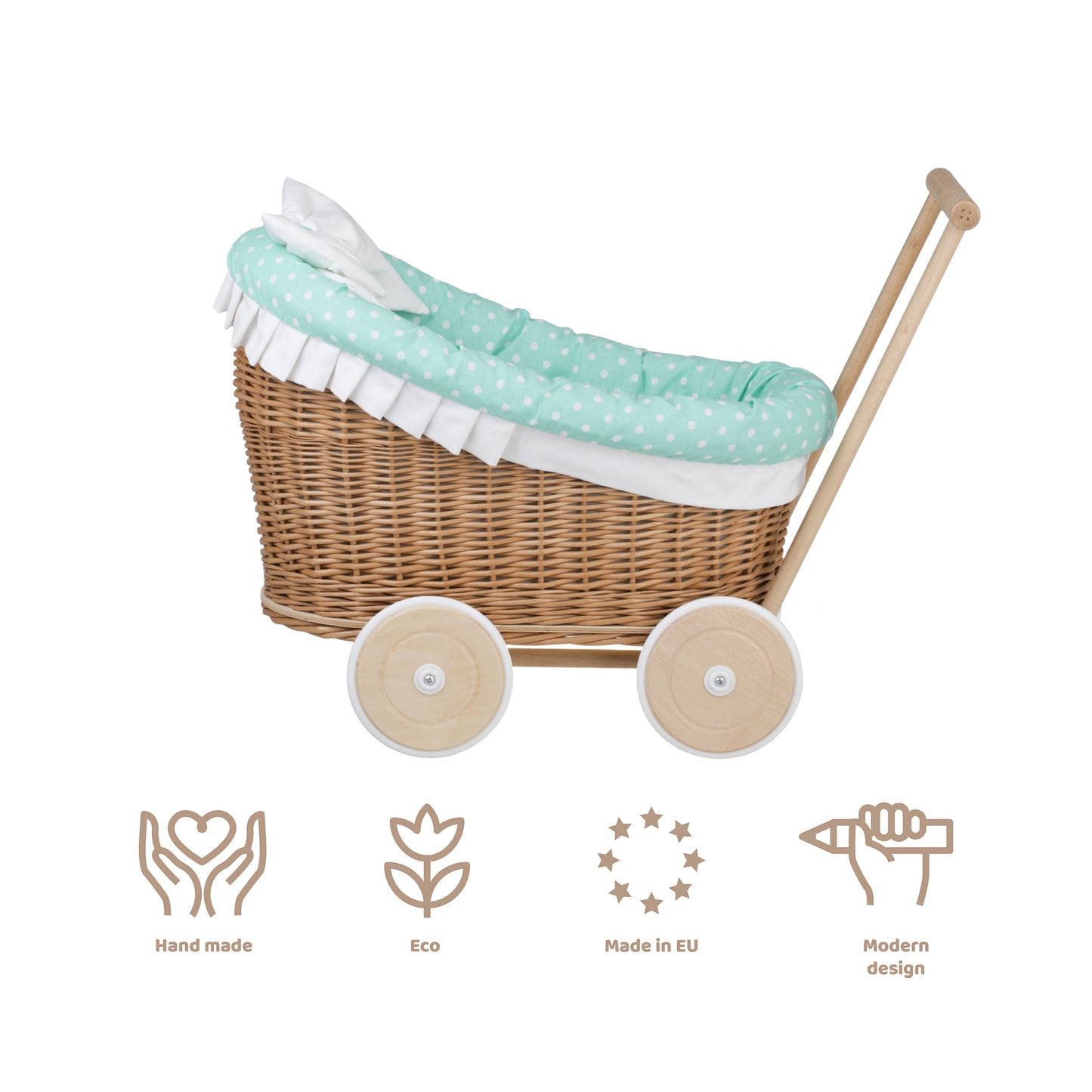Luna wiklinowy wózek dla lalek z zielonym obszyciem, kołderką i poduszką TheWickerStories
