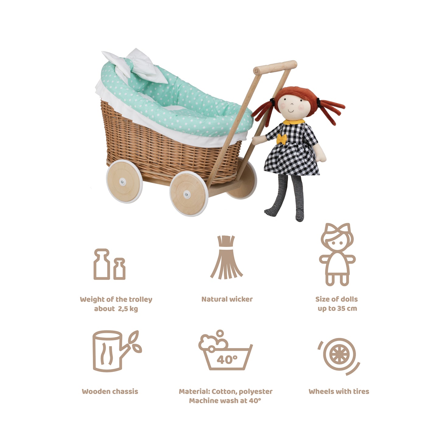 Luna wiklinowy wózek dla lalek z zielonym obszyciem, kołderką i poduszką TheWickerStories