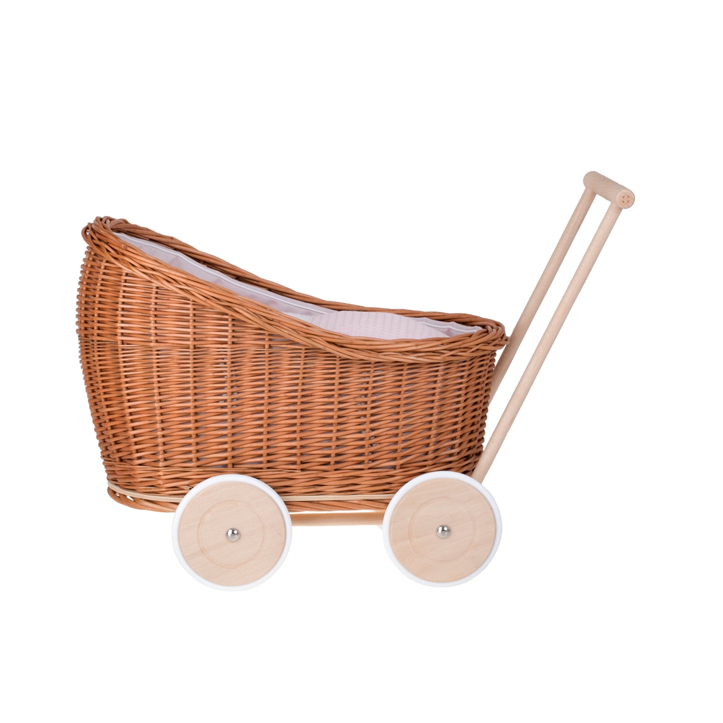 Luna wiklinowy wózek i kołyska dla lalek z różowym obszyciem, kołderką i poduszką TheWickerStories