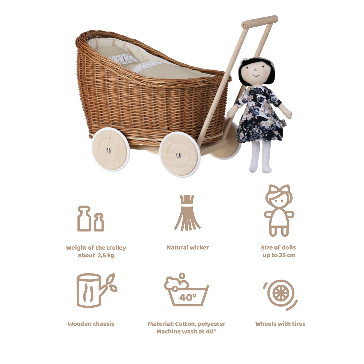 Luna wiklinowy wózek dla lalek z beżowym obszyciem, kołderką i poduszką TheWickerStories