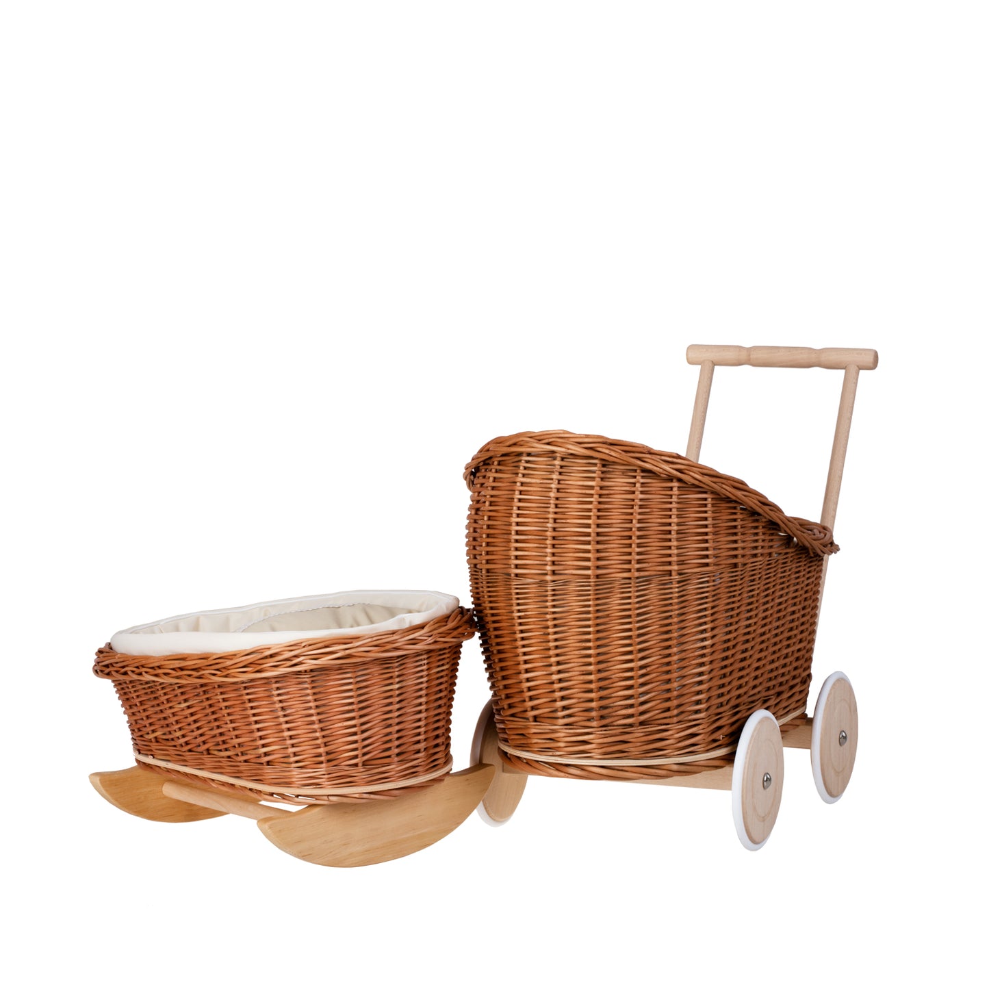 Luna wiklinowy wózek i kołyska dla lalek z beżowym obszyciem, kołderką i poduszką TheWickerStories
