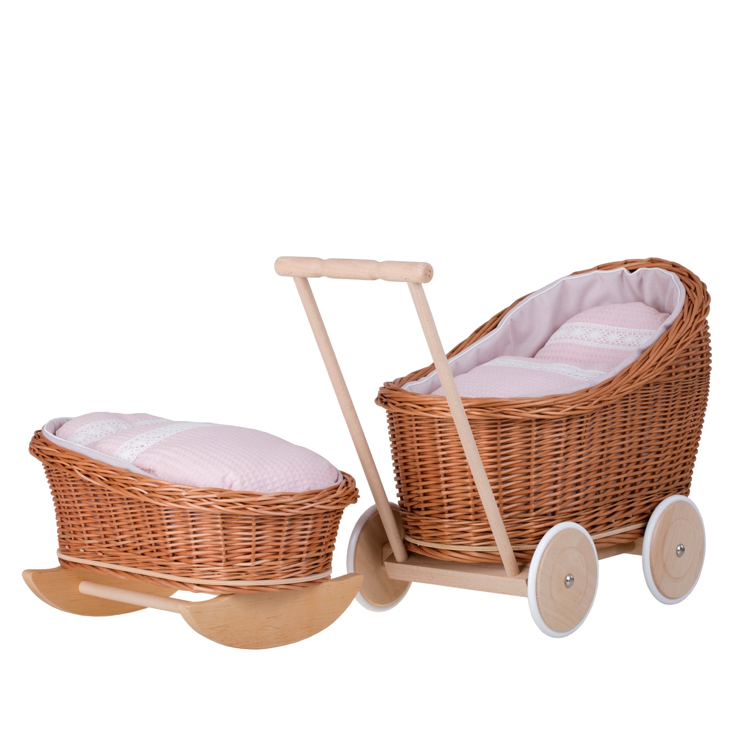 Luna wiklinowy wózek i kołyska dla lalek z różowym obszyciem, kołderką i poduszką TheWickerStories
