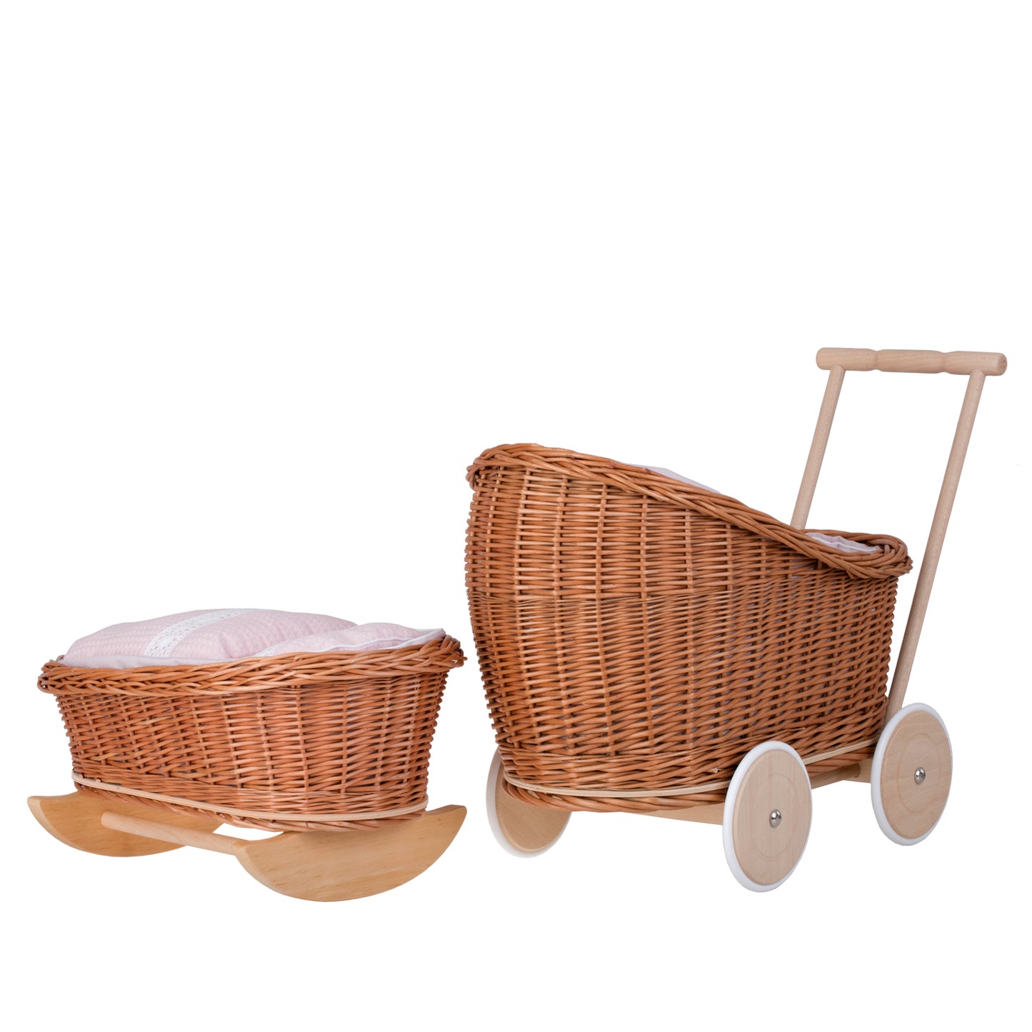 Luna wiklinowy wózek i kołyska dla lalek z różowym obszyciem, kołderką i poduszką TheWickerStories