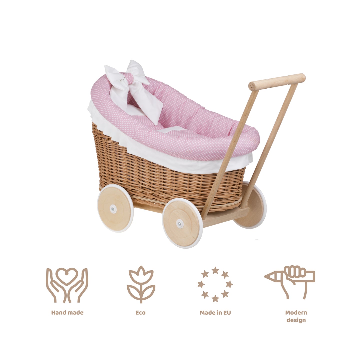 Luna wiklinowy wózek dla lalek z różowym obszyciem, kołderką i poduszką TheWickerStories