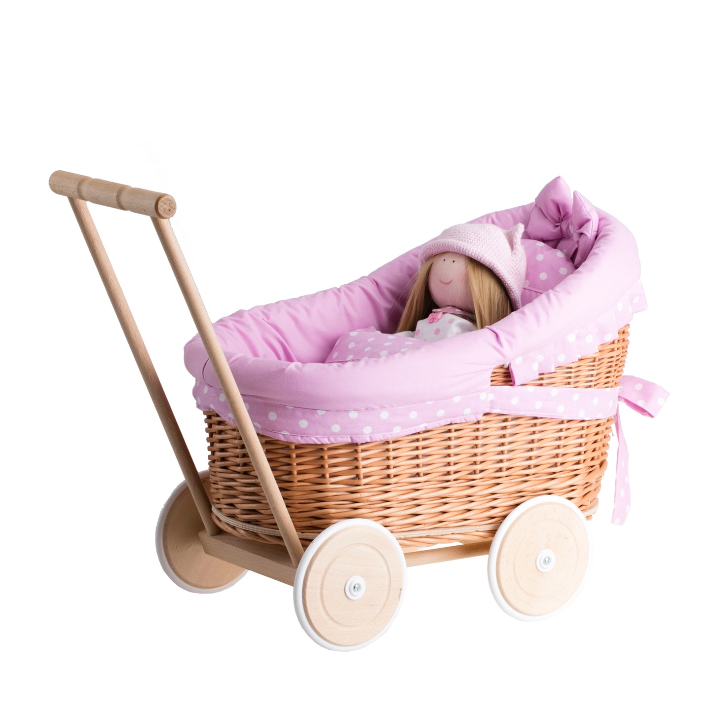 Luna wiklinowy wózek dla lalek z różowym obszyciem, kołderką i poduszką TheWickerStories