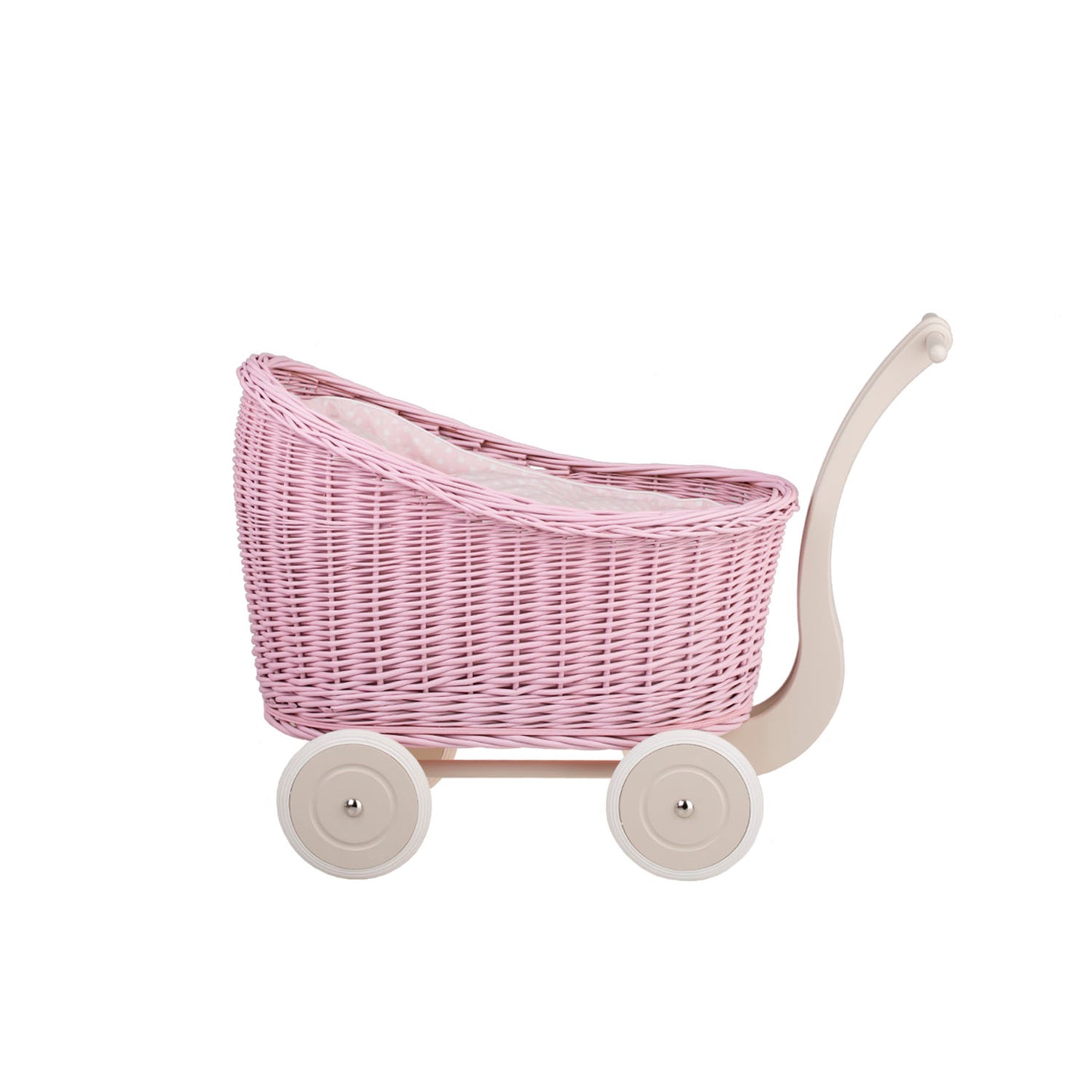 Luna wiklinowy wózek dla lalek z różowym obszyciem, kołderką i poduszką TheWickerStories