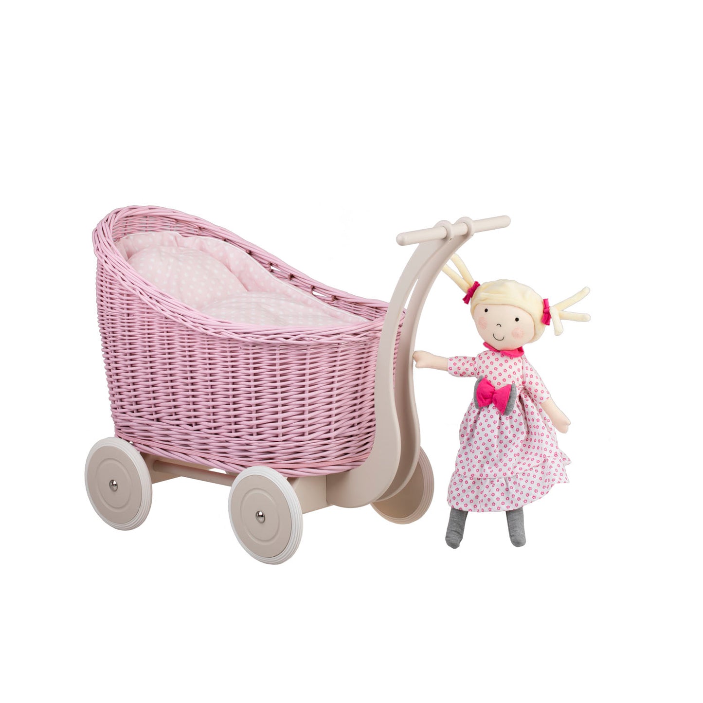 Luna wiklinowy wózek dla lalek z różowym obszyciem, kołderką i poduszką TheWickerStories
