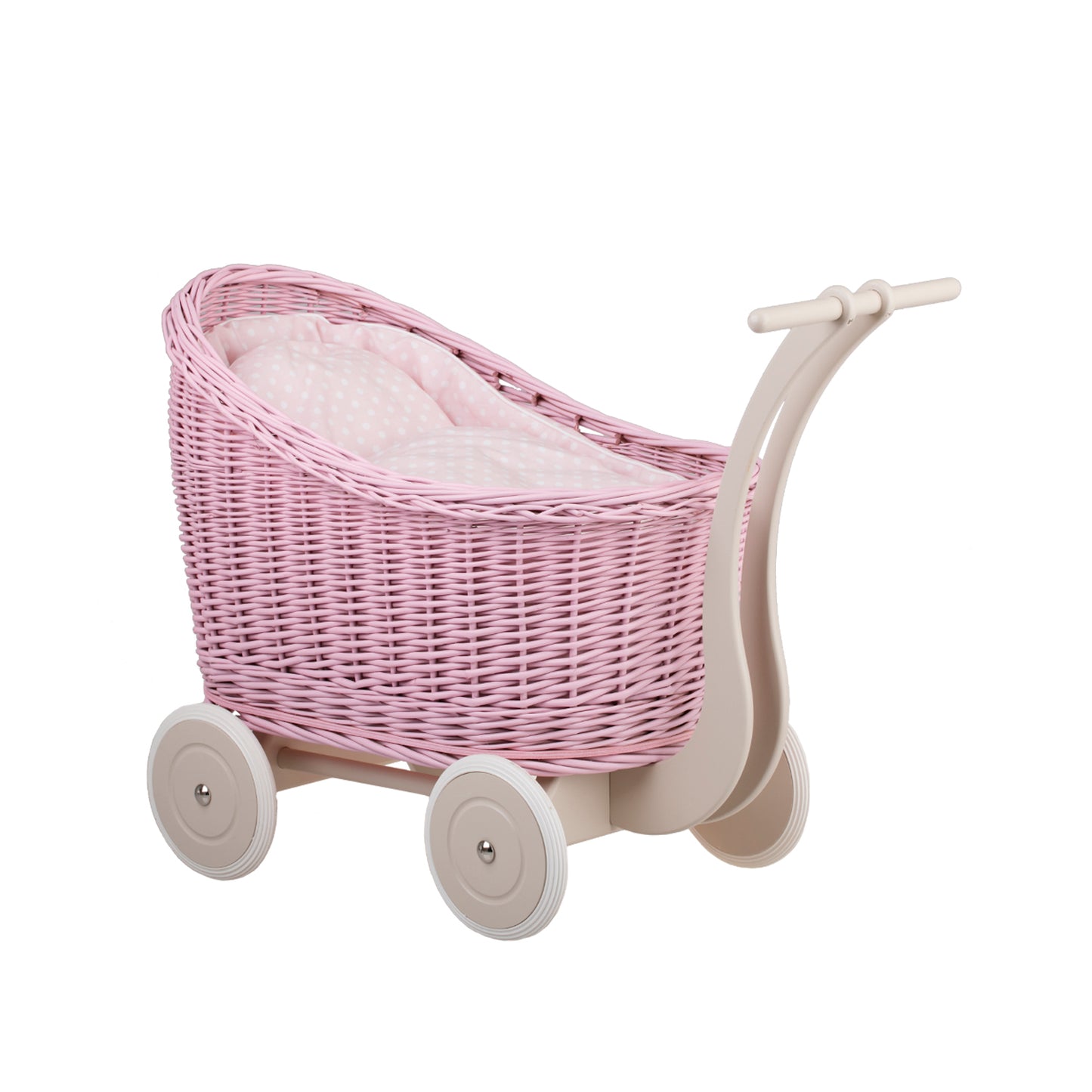 Luna wiklinowy wózek dla lalek z różowym obszyciem, kołderką i poduszką TheWickerStories