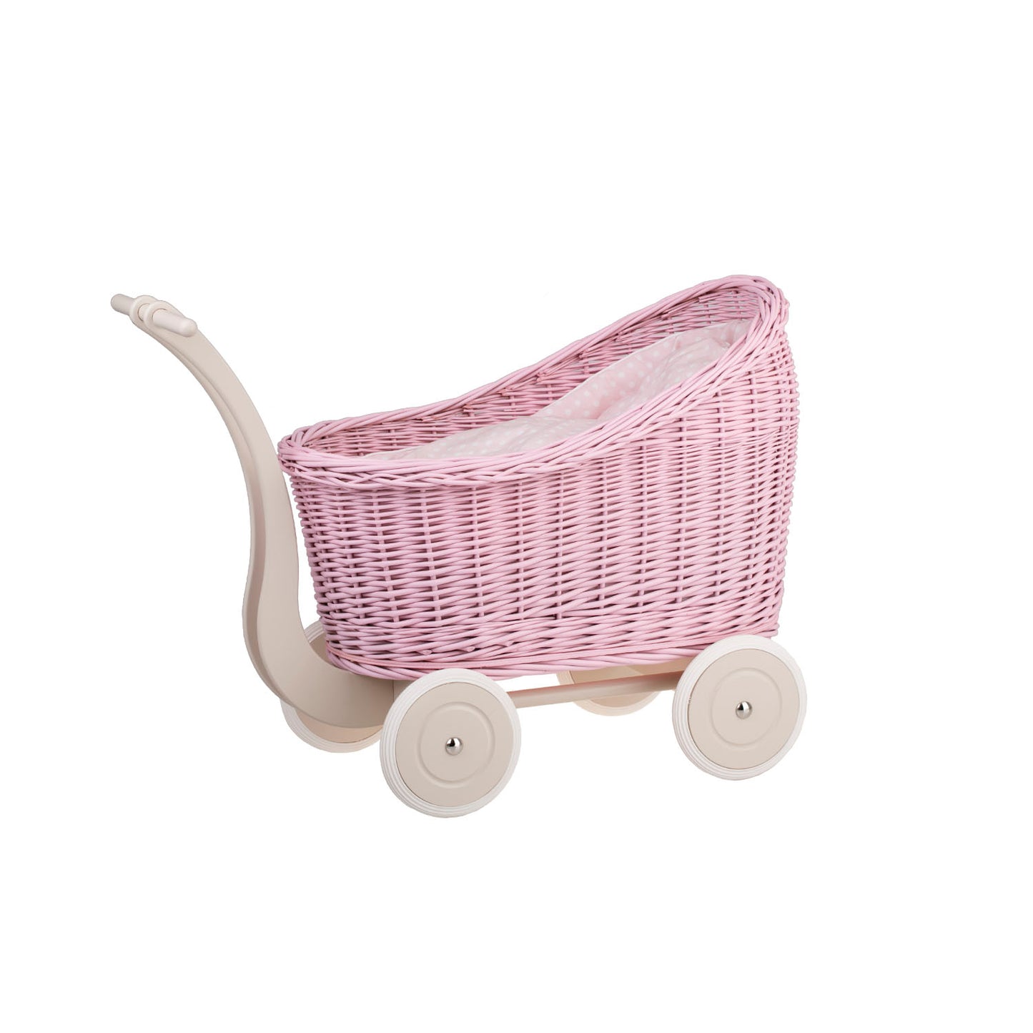 Luna wiklinowy wózek dla lalek z różowym obszyciem, kołderką i poduszką TheWickerStories