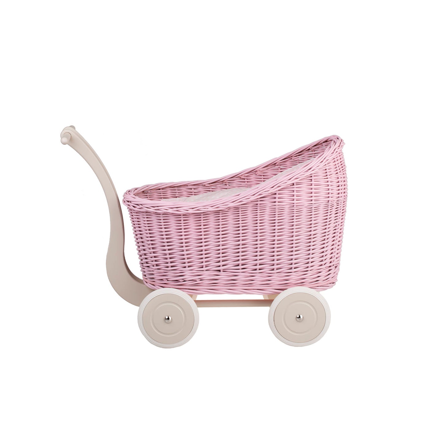 Luna wiklinowy wózek dla lalek z różowym obszyciem, kołderką i poduszką TheWickerStories