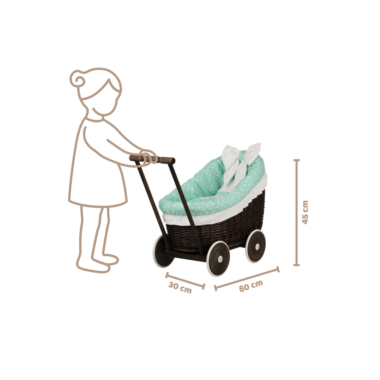 Luna wiklinowy wózek dla lalek z miętowym obszyciem, kołderką i poduszką TheWickerStories