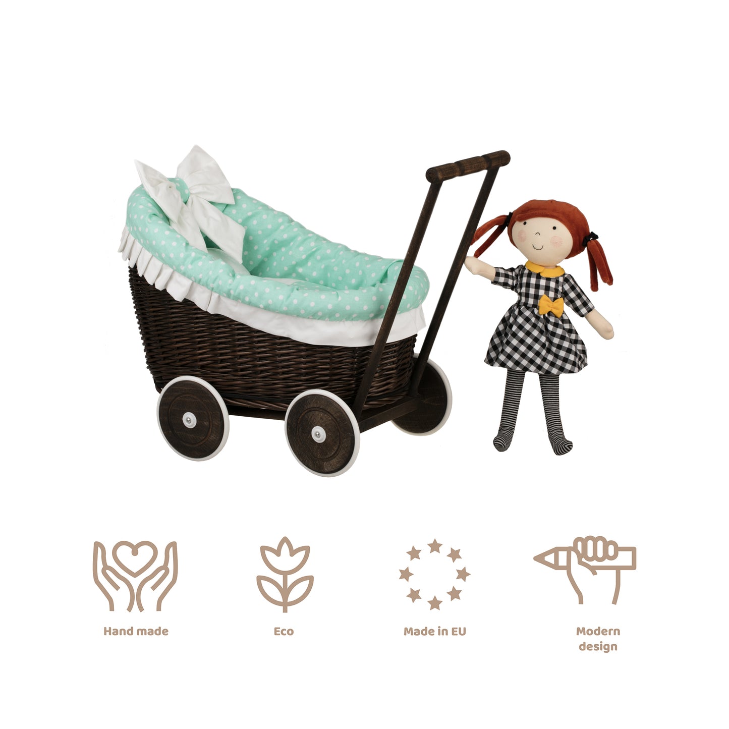 Luna wiklinowy wózek dla lalek z miętowym obszyciem, kołderką i poduszką TheWickerStories