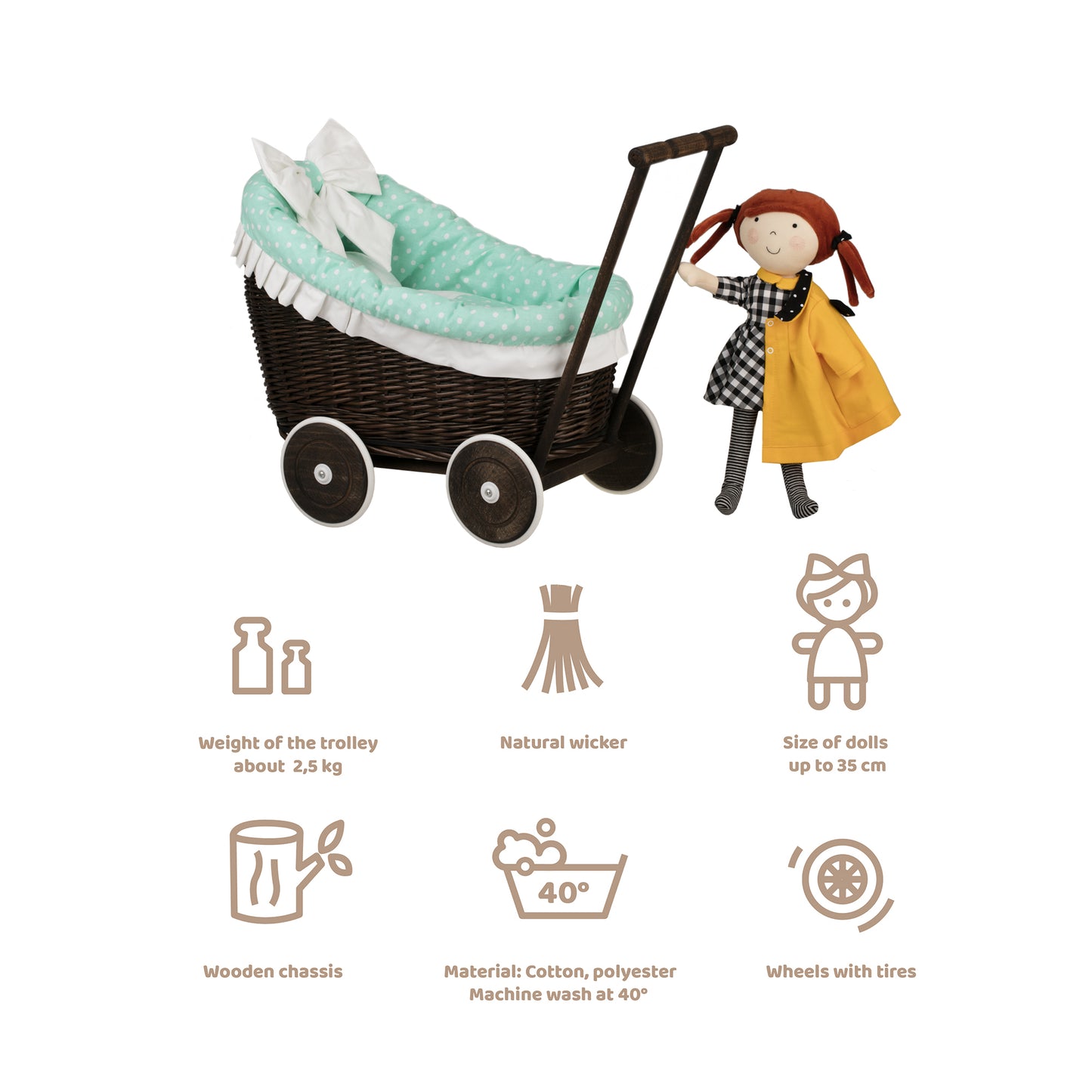 Luna wiklinowy wózek dla lalek z miętowym obszyciem, kołderką i poduszką TheWickerStories